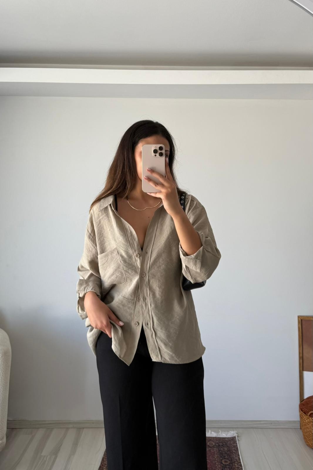 Oversize Keten Dokulu Gömlek