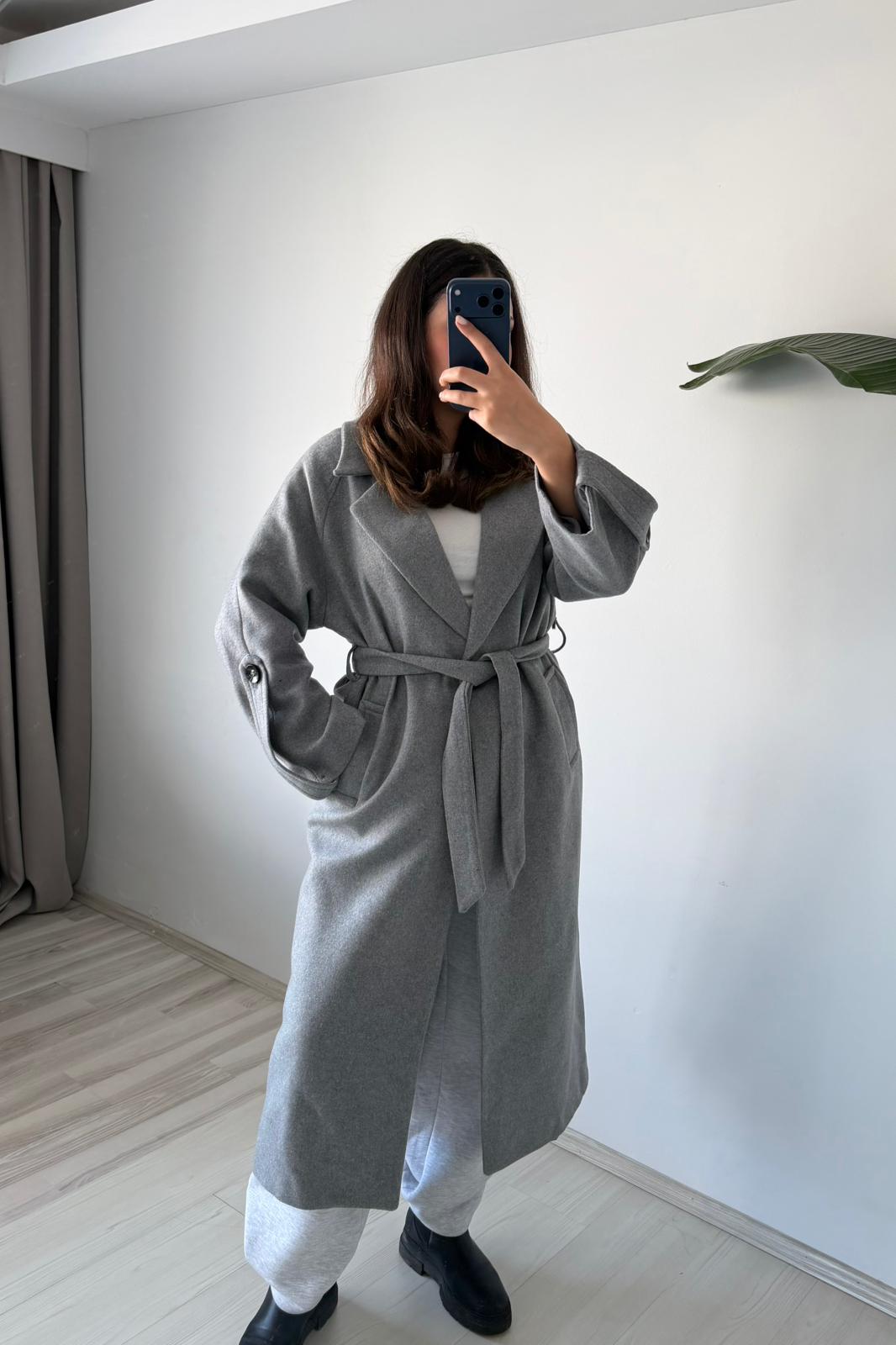 Oversize Kemerli Kaşe Palto