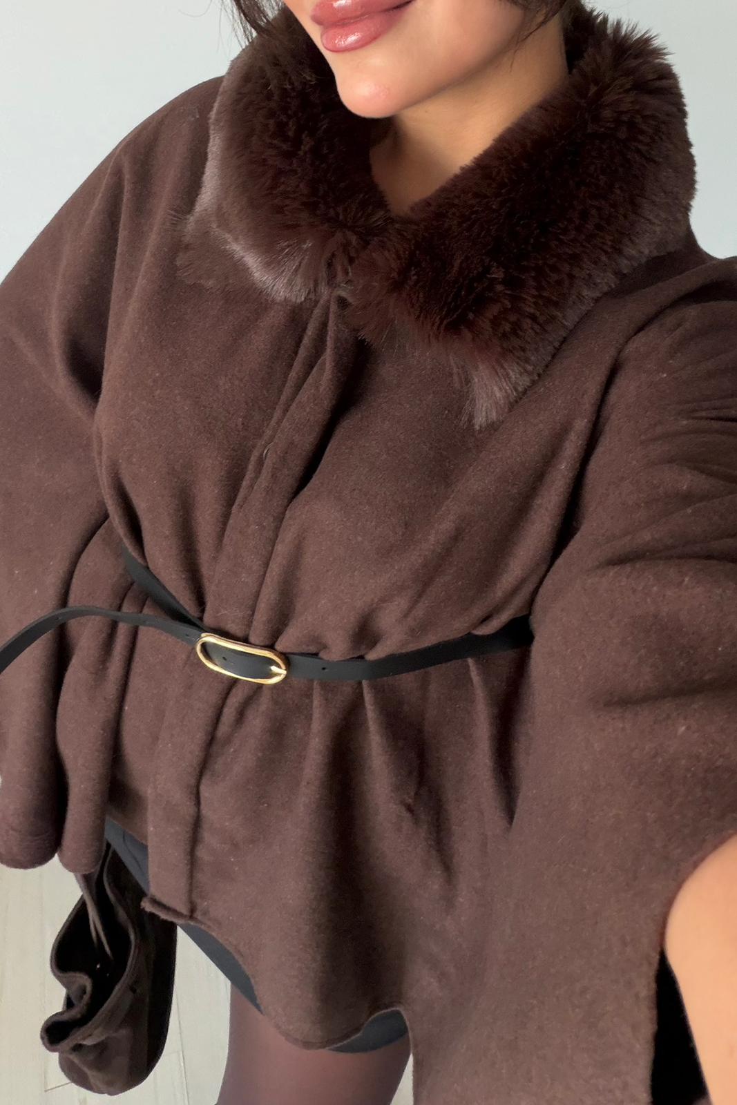 Peluş Yaka Oversize Panço Ceket – Kahverengi