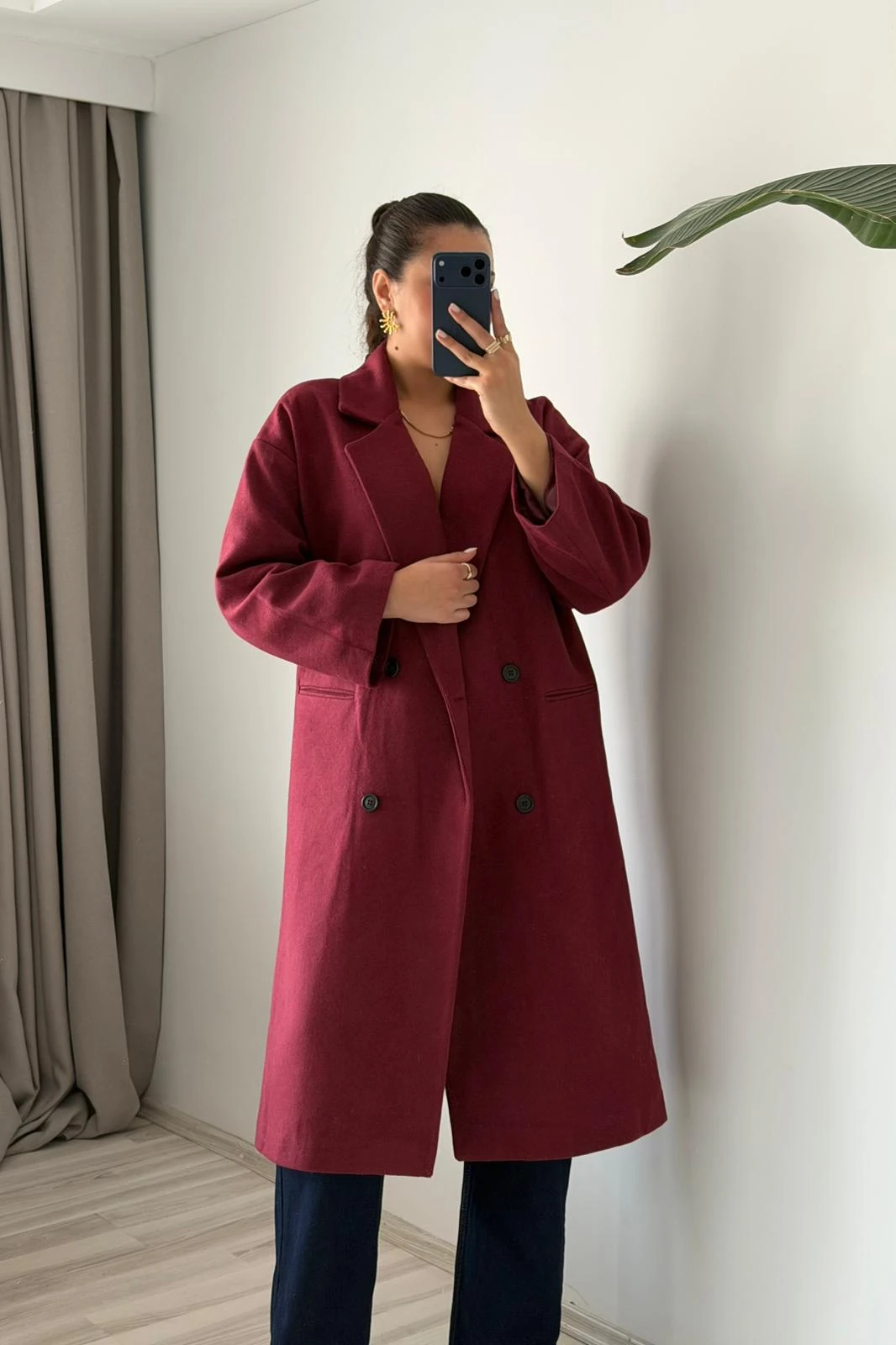  Düğmeli Oversize Uzun Kaban - bordo