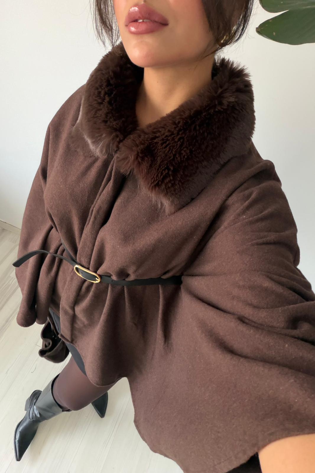 Peluş Yaka Oversize Panço Ceket – Kahverengi