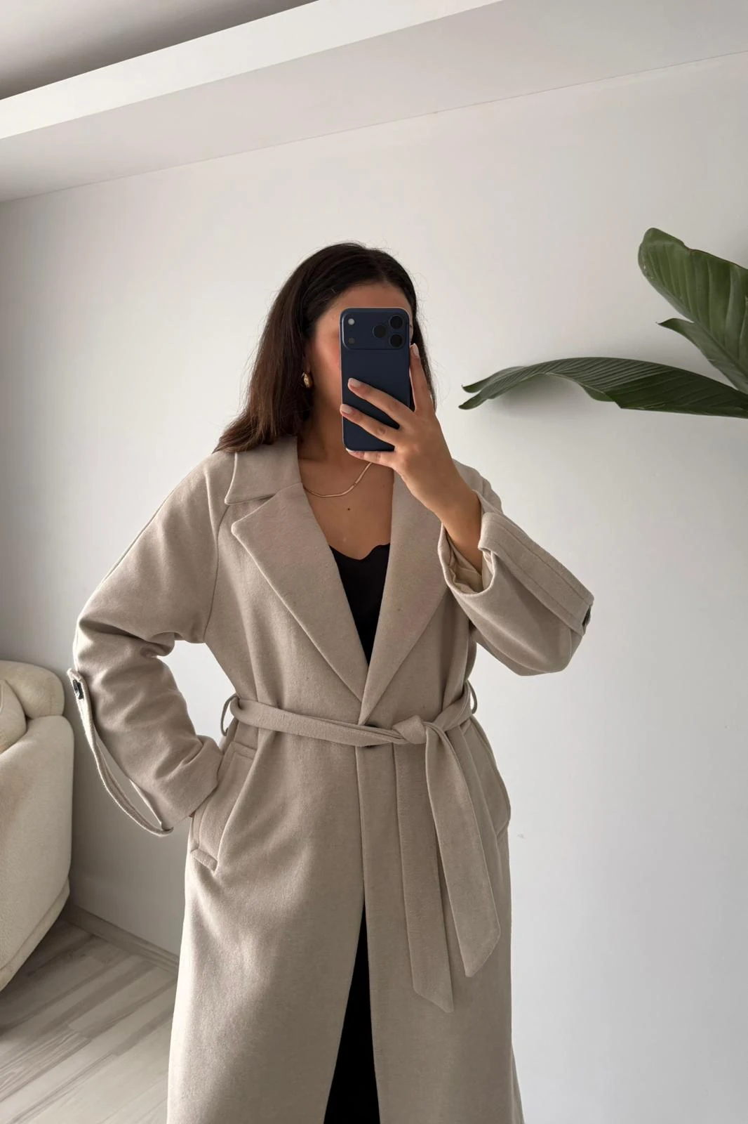 Oversize Kemerli Kaşe Palto - ekru