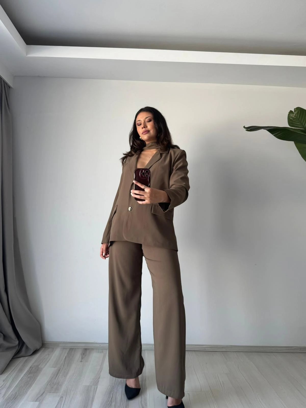 Klasik Kesim Düğmeli Blazer Palazzo Takım - vizon