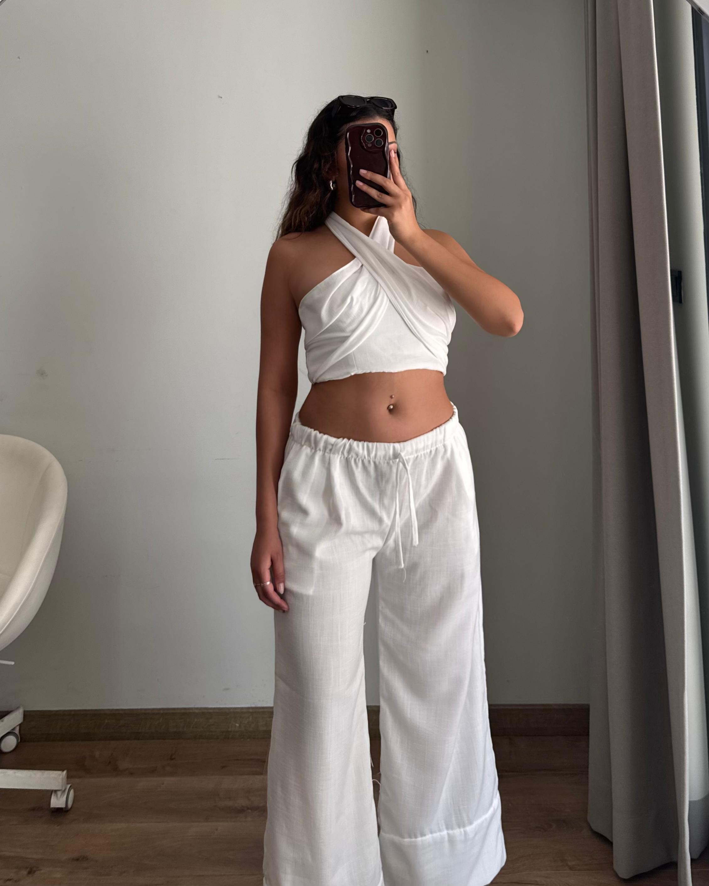 Beyaz Çapraz Bağlamalı Crop ve Palazzo Pantolon Takım
