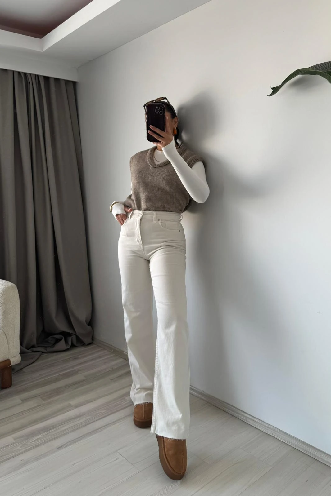 Yüksek Bel Düz Paça Jean - ekru