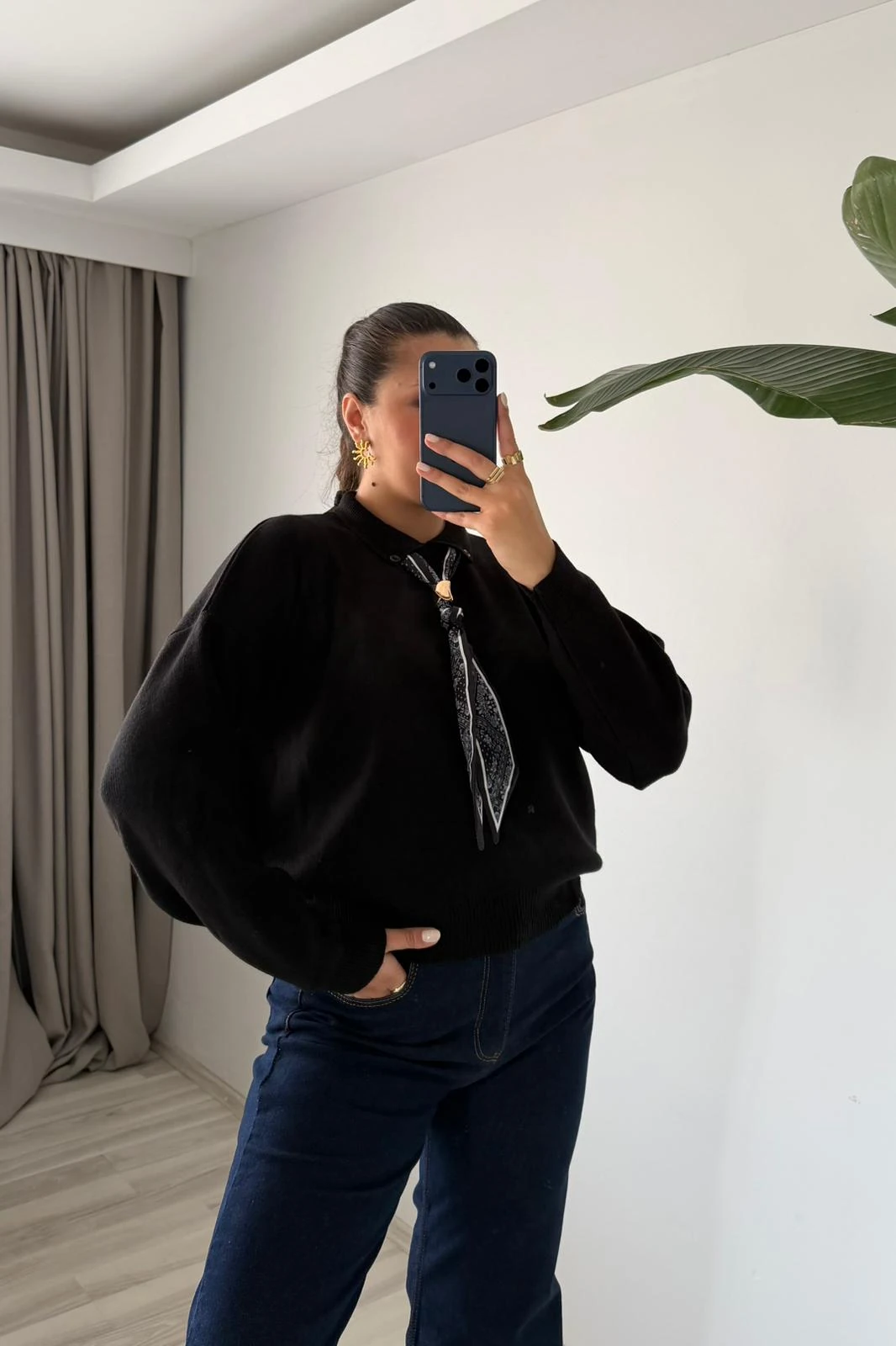 Oversize Polo Yaka Triko Kazak (Fularlı) - siyah