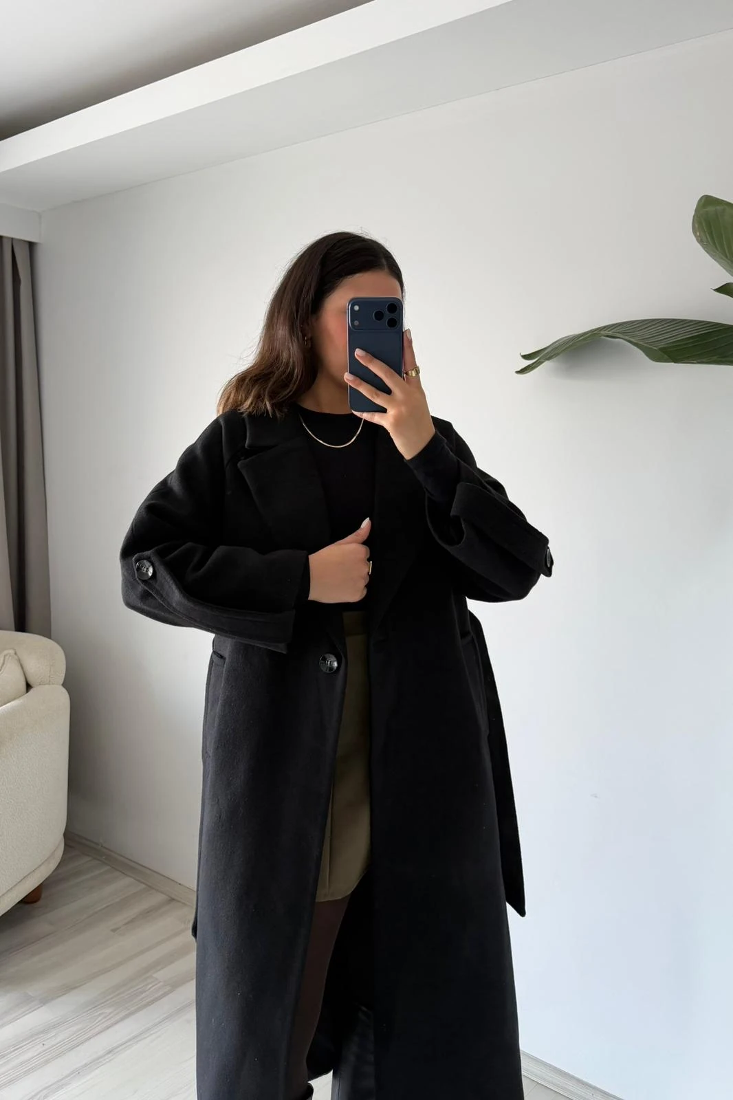 Oversize Kemerli Kaşe Palto - siyah