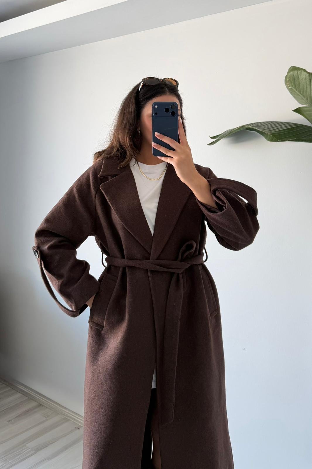 Oversize Kemerli Kaşe Palto - kahverengi