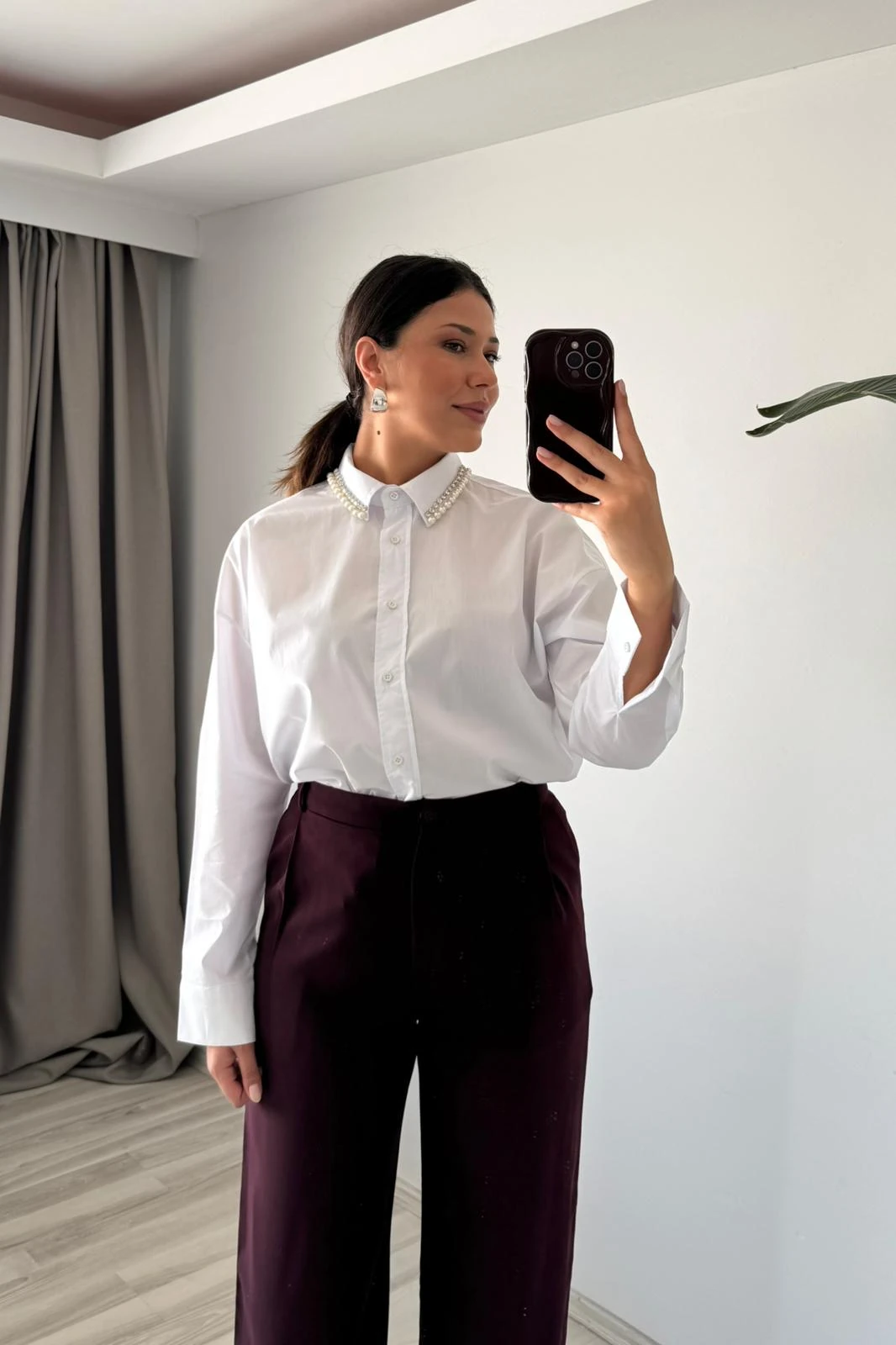 İnci Yaka Pamuk Gömlek - beyaz