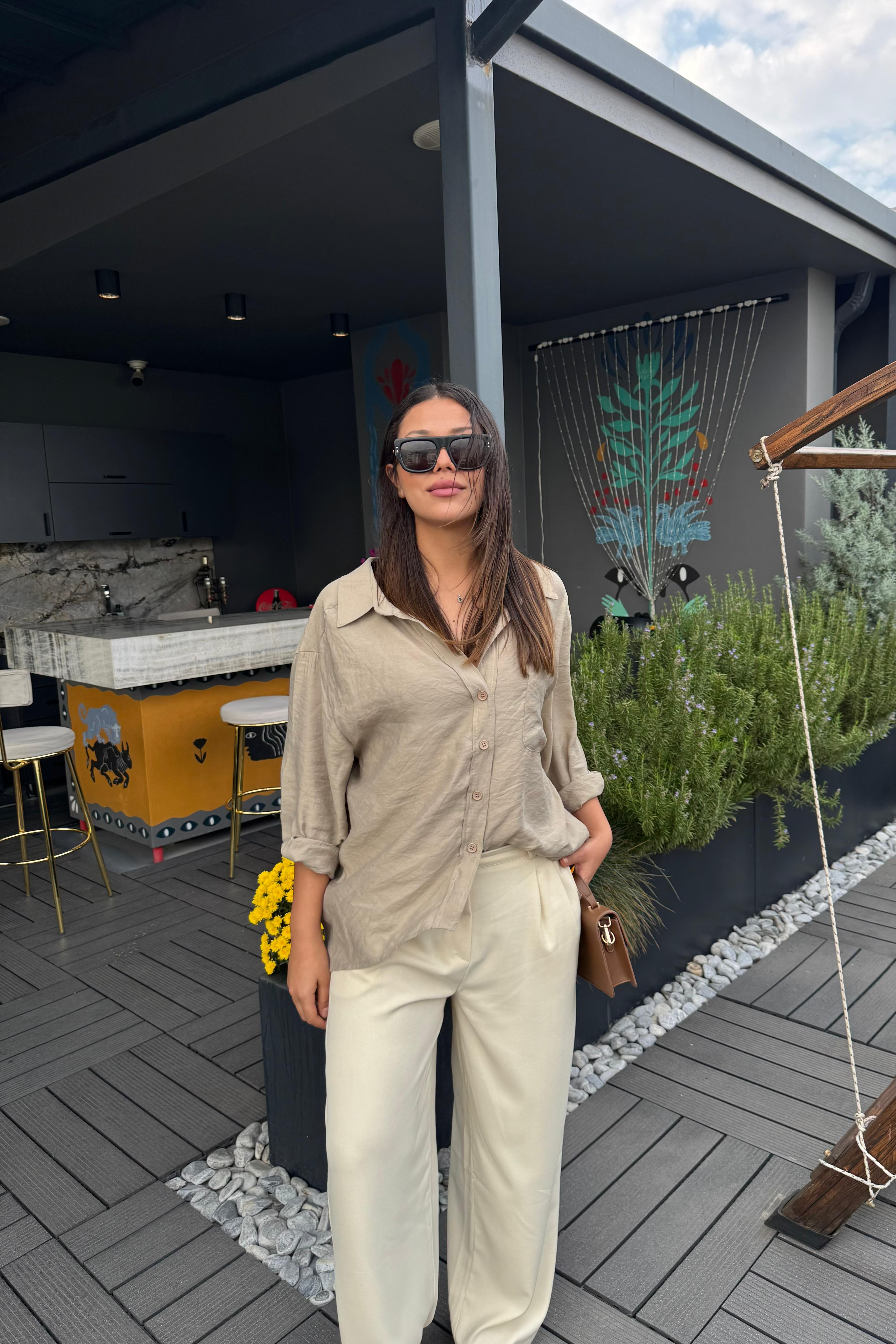 Normal Bel Düz Kesim Palazzo Pantolon – Ekru