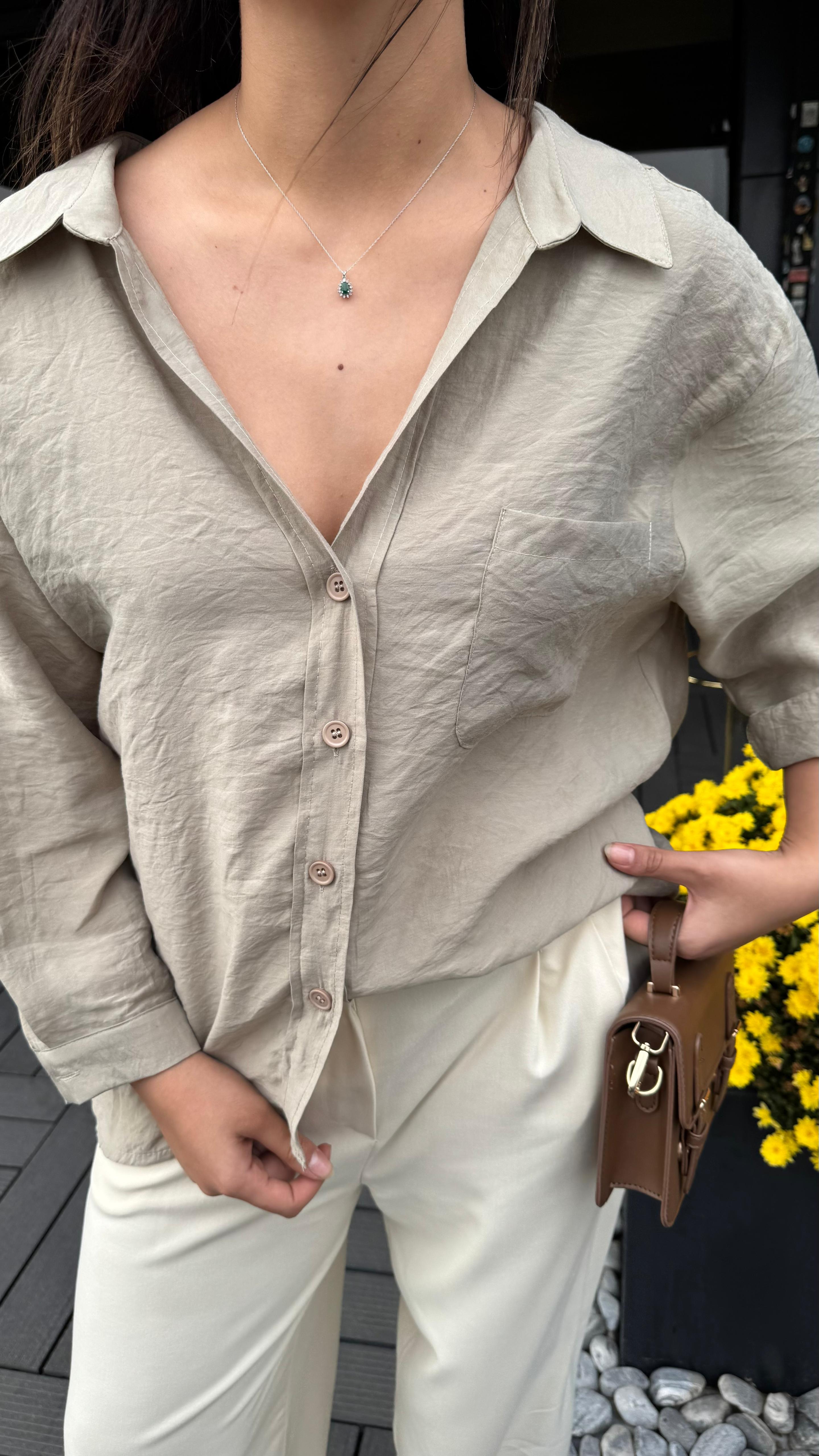 Oversize Keten Dokulu Gömlek