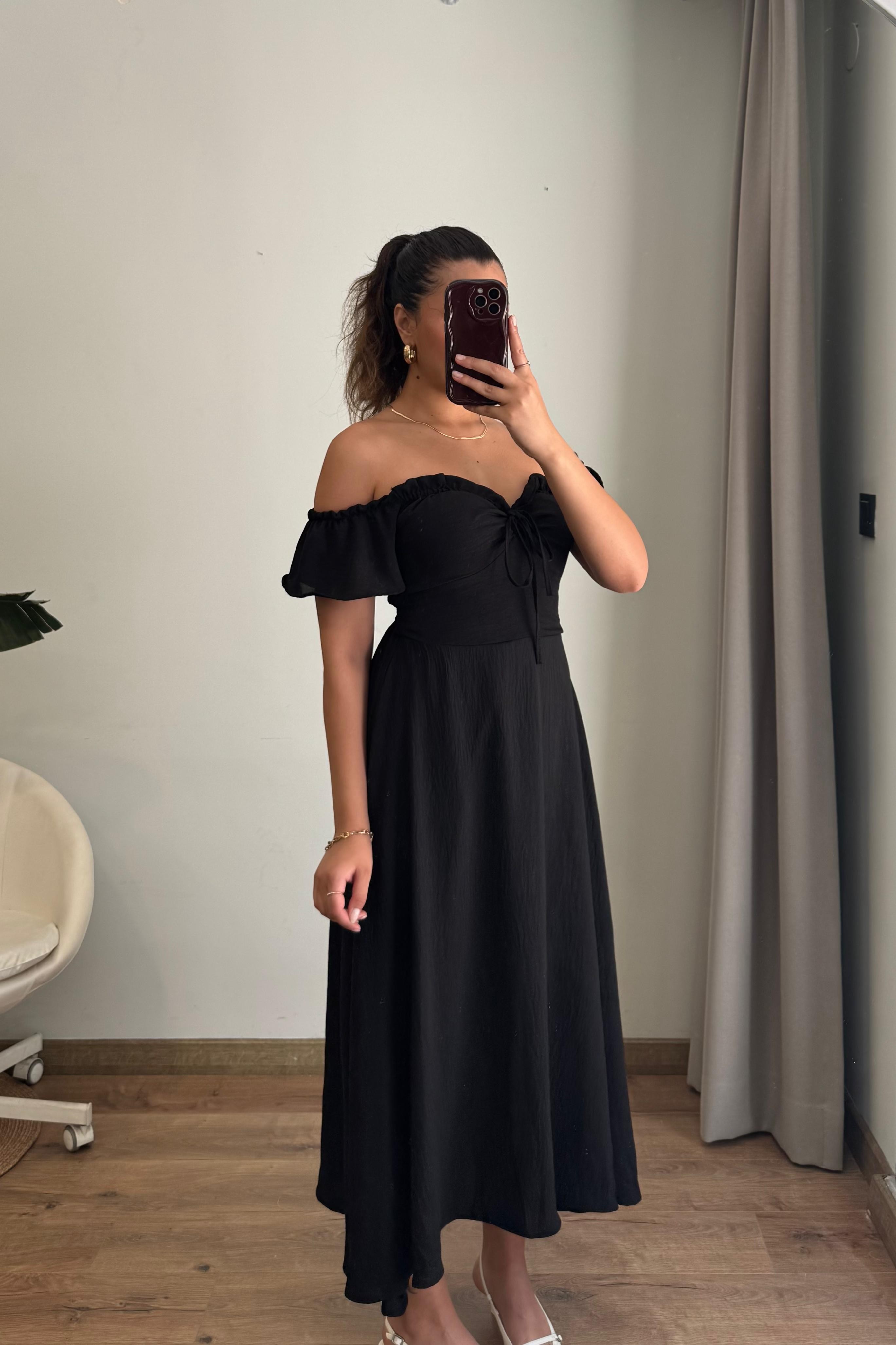 Valeria Omuz Açık Beyaz Midi Elbise - siyah