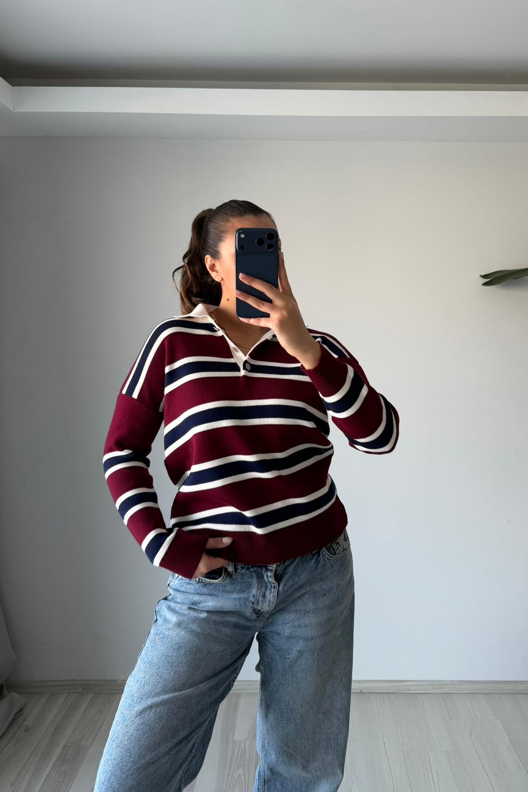 Polo Çizgi Triko – Bordo