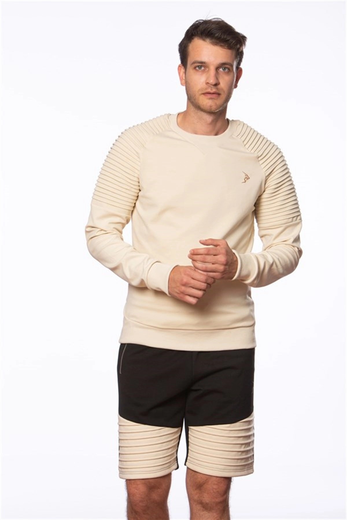 Ekru Omuzları Nervür Detaylı Gipeli İnterlok Spor Erkek Sweatshirt