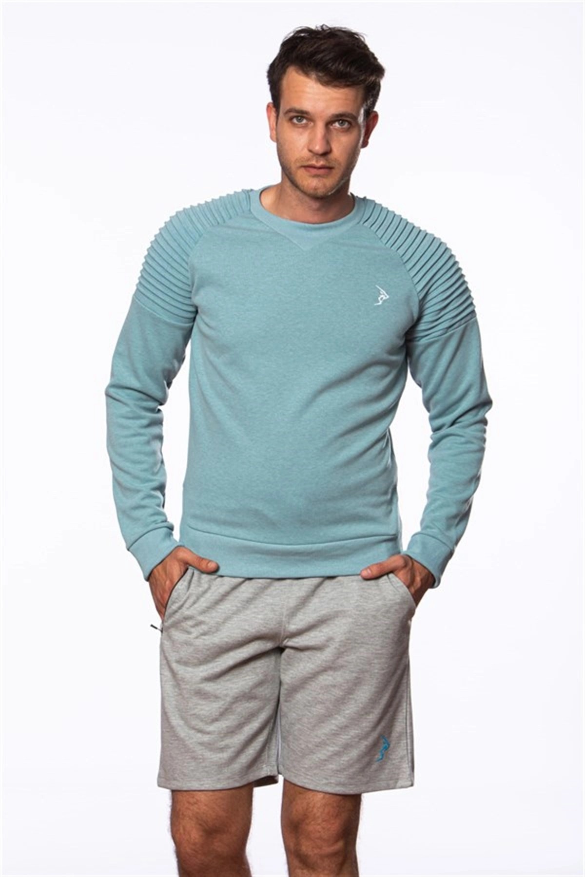 Gymlegend Erkek Mint Omuzları Nervür Detaylı Gipeli İnterlok Spor Sweatshirt