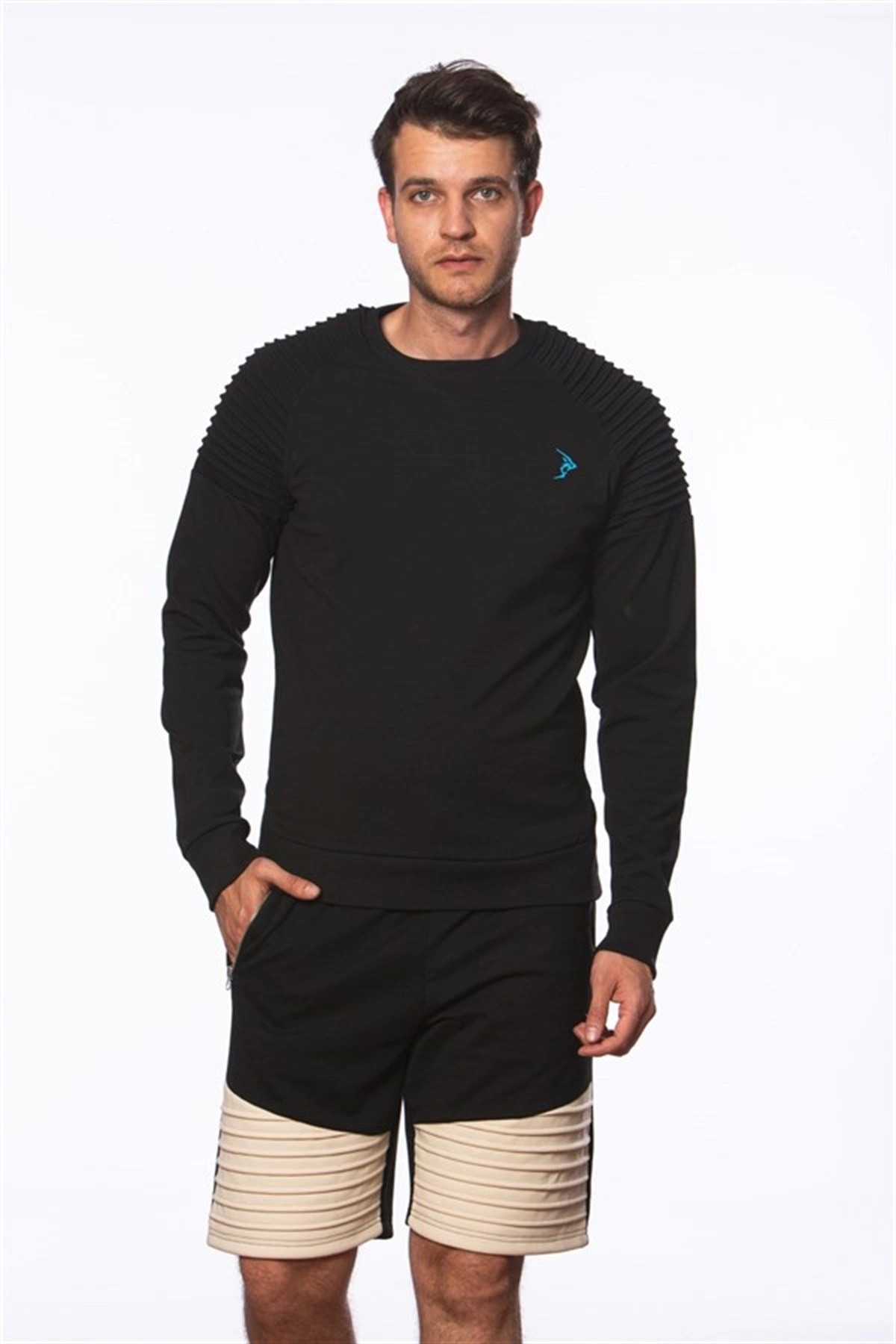 Gymlegend Erkek Siyah Omuzları Nervür Detaylı Gipeli İnterlok Spor Sweatshirt
