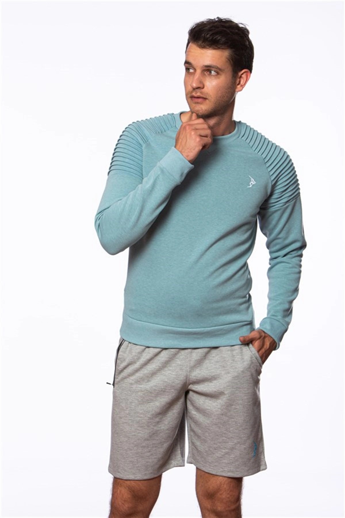 Erkek Mint Omuzları Nervür Detaylı Gipeli İnterlok Spor Sweatshirt