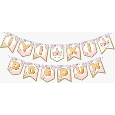 İYİ Kİ DOĞDUN ÇİÇEKLİ UNICORN ZİKZAK BANNER