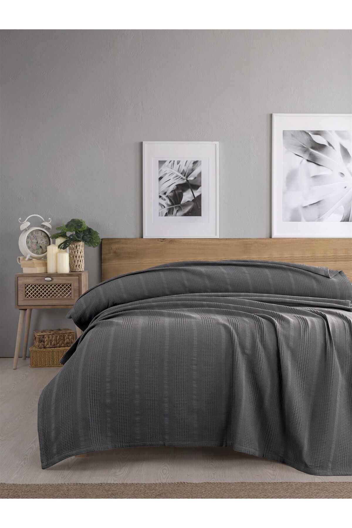 Tek Kişilik Waffle Pike 160x230cm, %100 Pamuk, Petek Tasarım, Hardal - antrasit