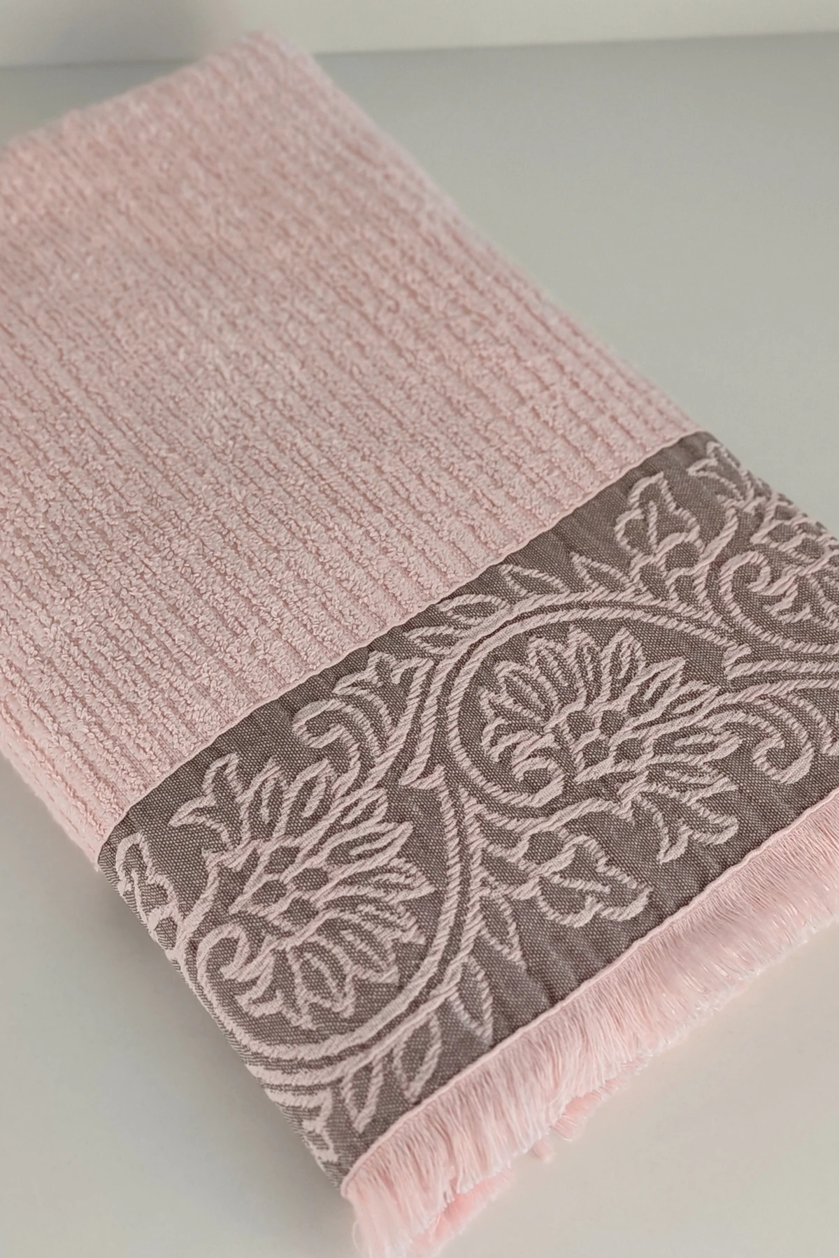 Bordürlü & Püsküllü Banyo Havlusu - Ekstra Yumuşak Bambu Havlu - 70x140 cm - Somon Renk