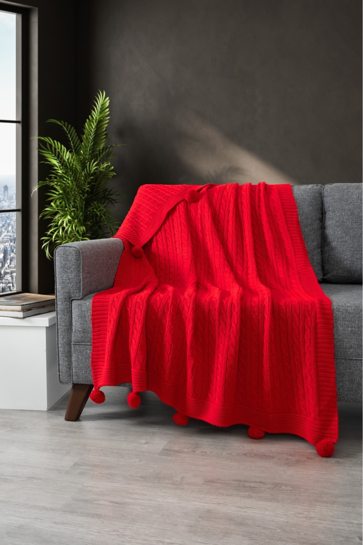 Ponponlu Triko Örme Tv Battaniyesi–Örgü Koltuk & Omuz Şalı & Diz Battaniyesi–130x170 cm-Kırmızı