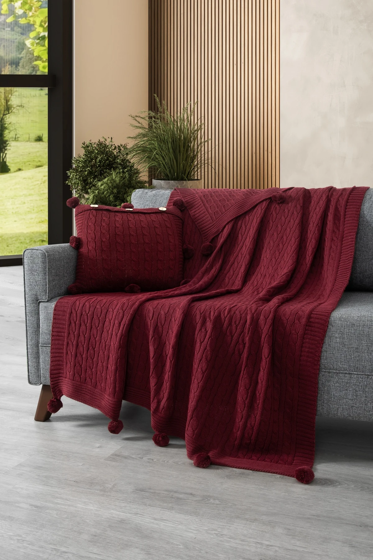 2'li Takım Ponponlu Triko Örme Kırlent Kılıfı & TV Battaniyesi- Omuz & Koltuk Şalı Seti - bordo