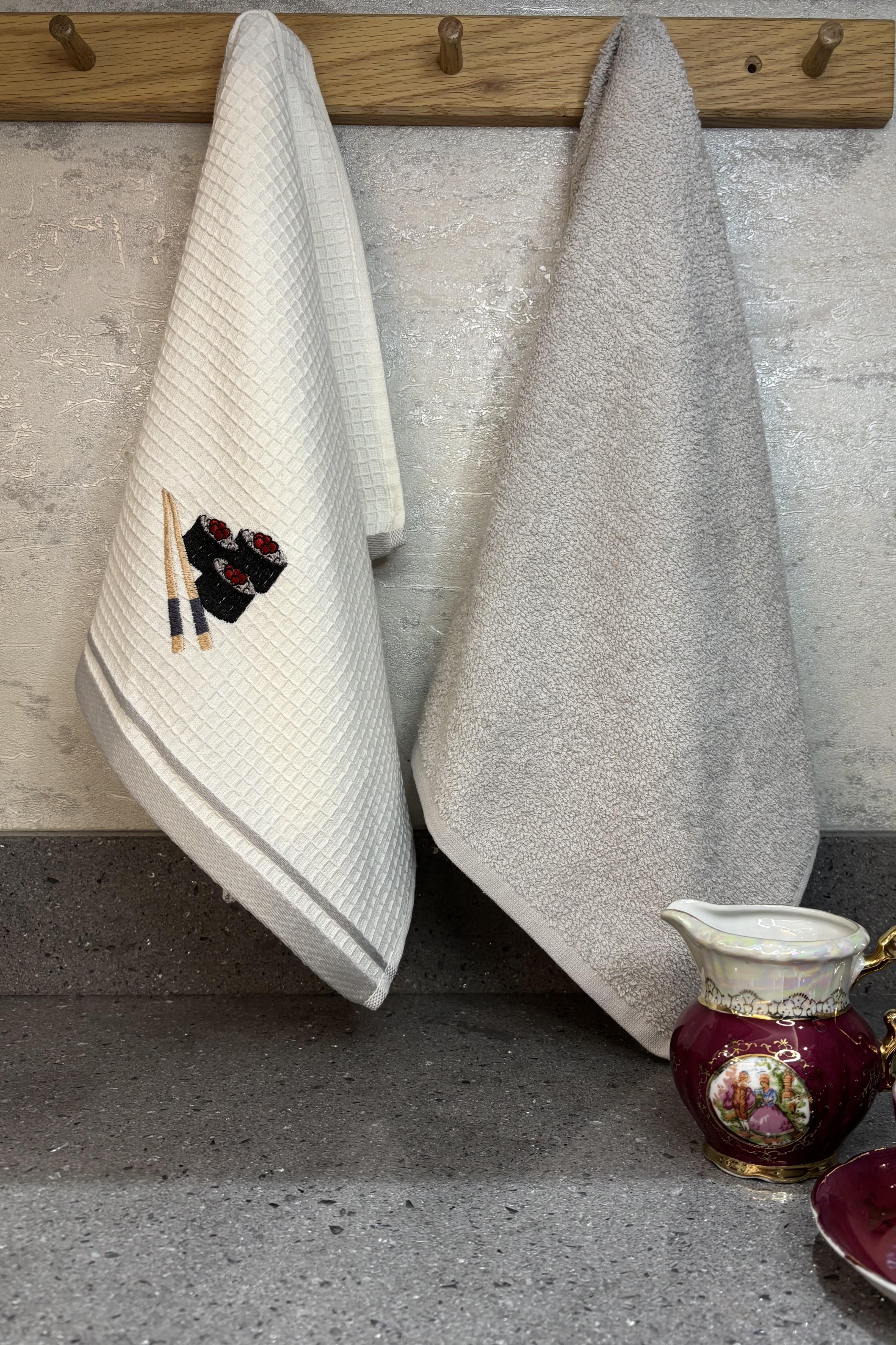 2'li Nakışlı Mutfak Havlusu Takımı-%100 Pamuk Mutfak Havluları-40x60 cm - açık gri