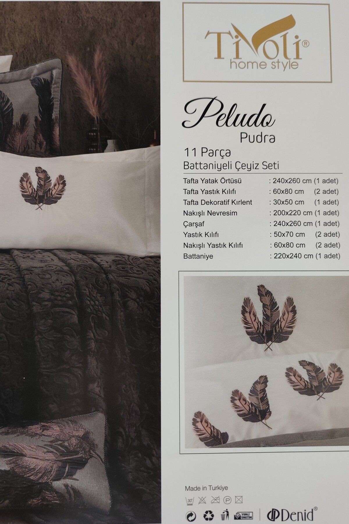 11 Parça Battaniyeli Çeyiz Seti - Tafta Yatak Örtüsü & Nevresimli Çeyiz Takımı-Peludo - pudra