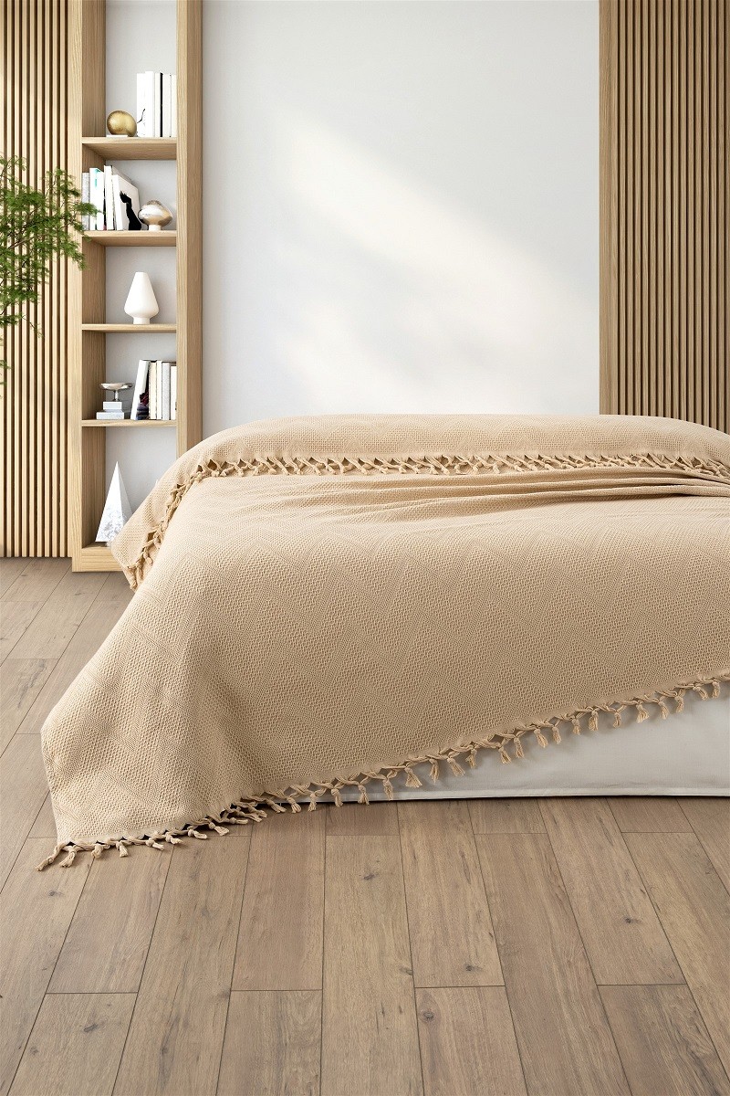 %100 Pamuk Çift Kişilik Bağlama Saçaklı Pike-220x240 cm - cappuccino