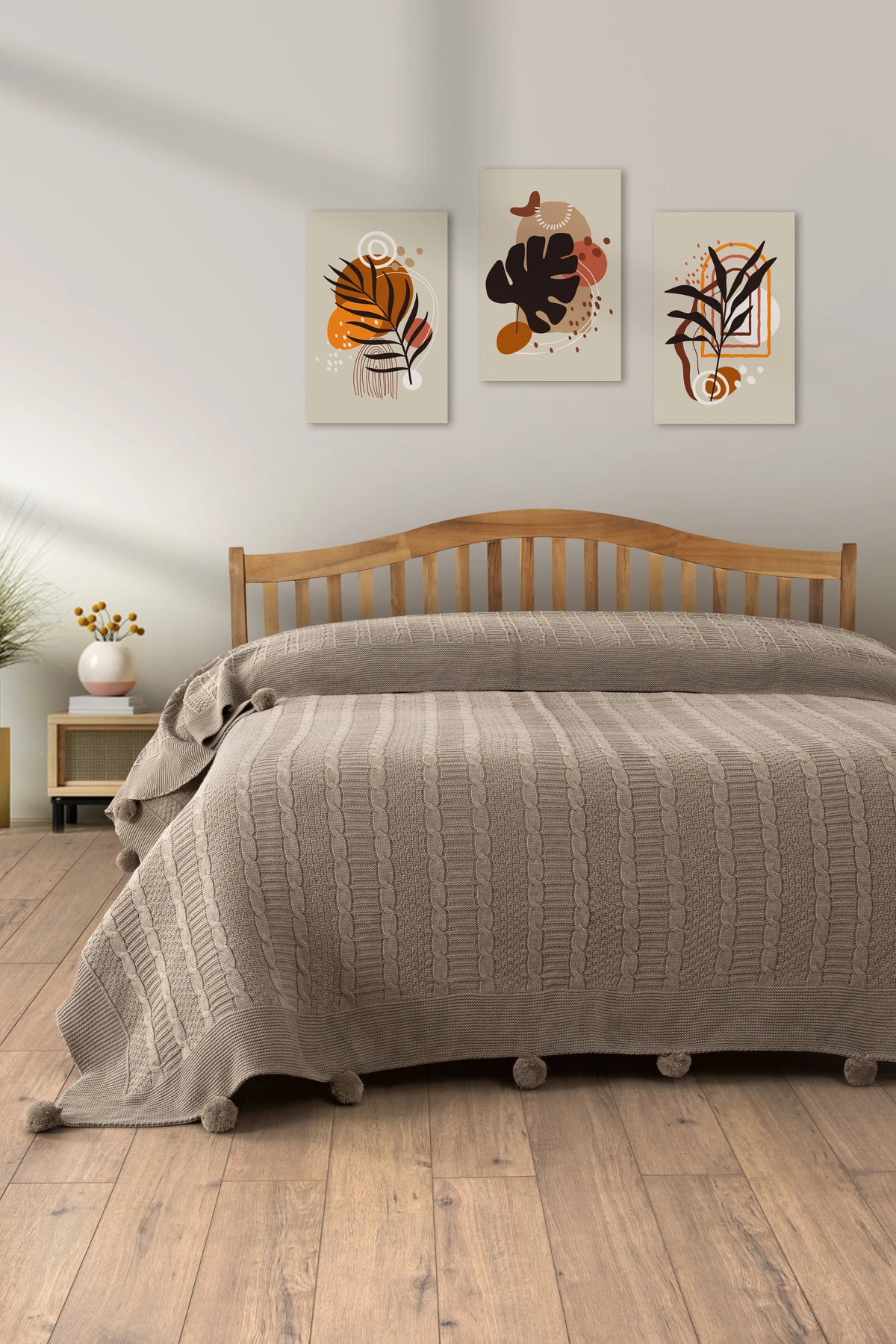 Tek Kişilik Triko Örme Battaniye - Yumuşak Dokulu & Şık Yatak Örtüsü-Örgü Battaniye - Hardal - bej