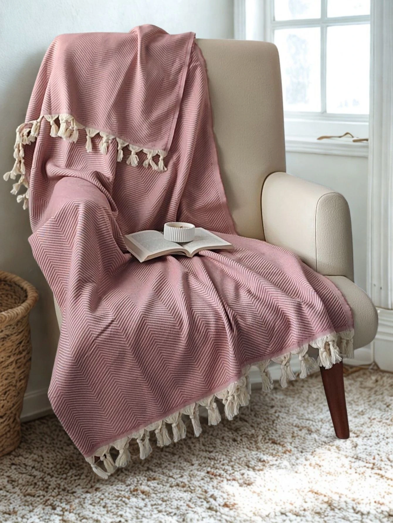 %100 Pamuk Koltuk Örtüsü - Çok Amaçlı Koltuk Şalı, Pike, Piknik Örtüsü-170x220cm - gül kurusu