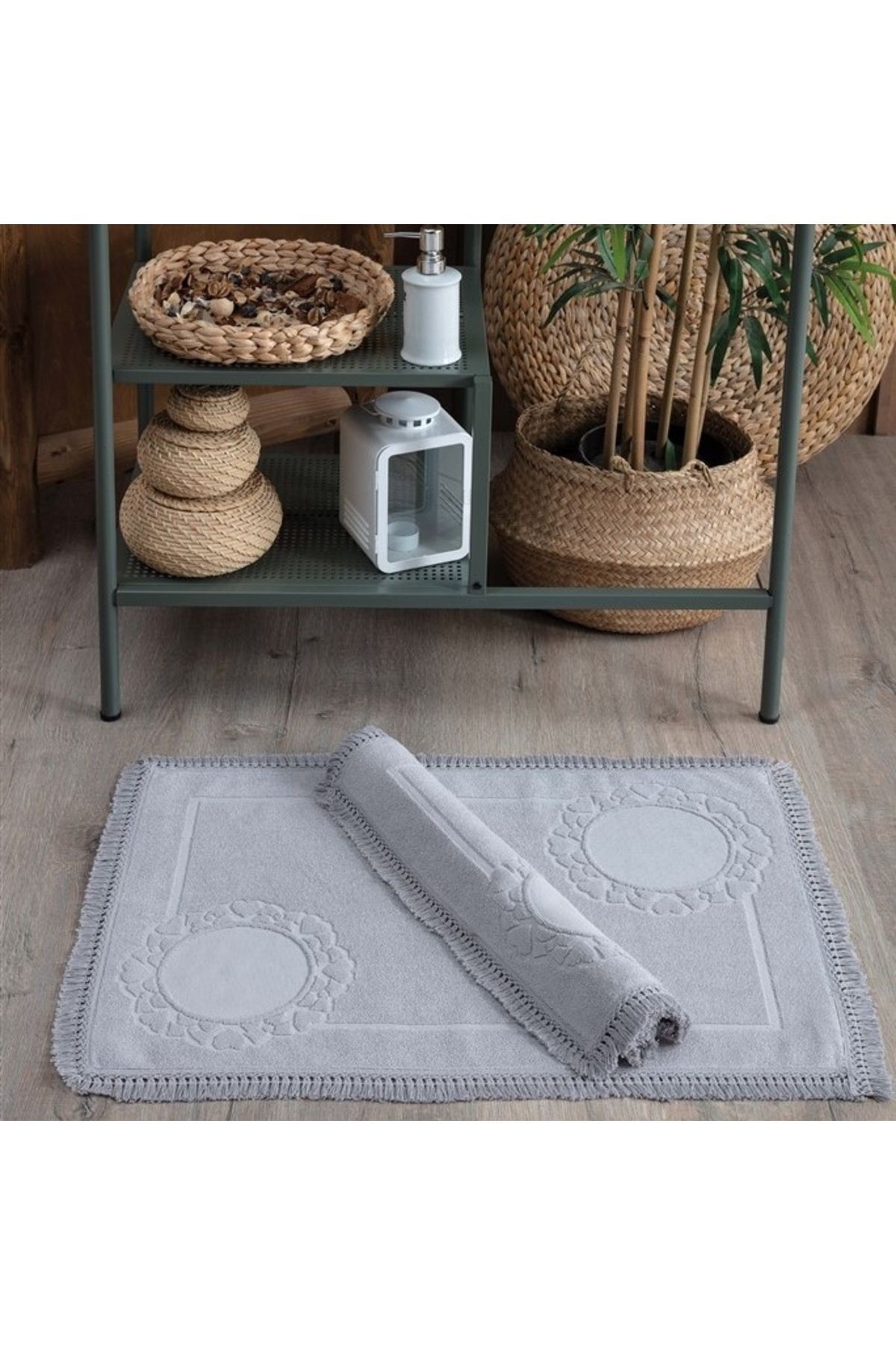 2'li Set Püskül Dantelli Ayak Havlusu 50x70 Cm - Yumuşak Ve Su Emici - Gri