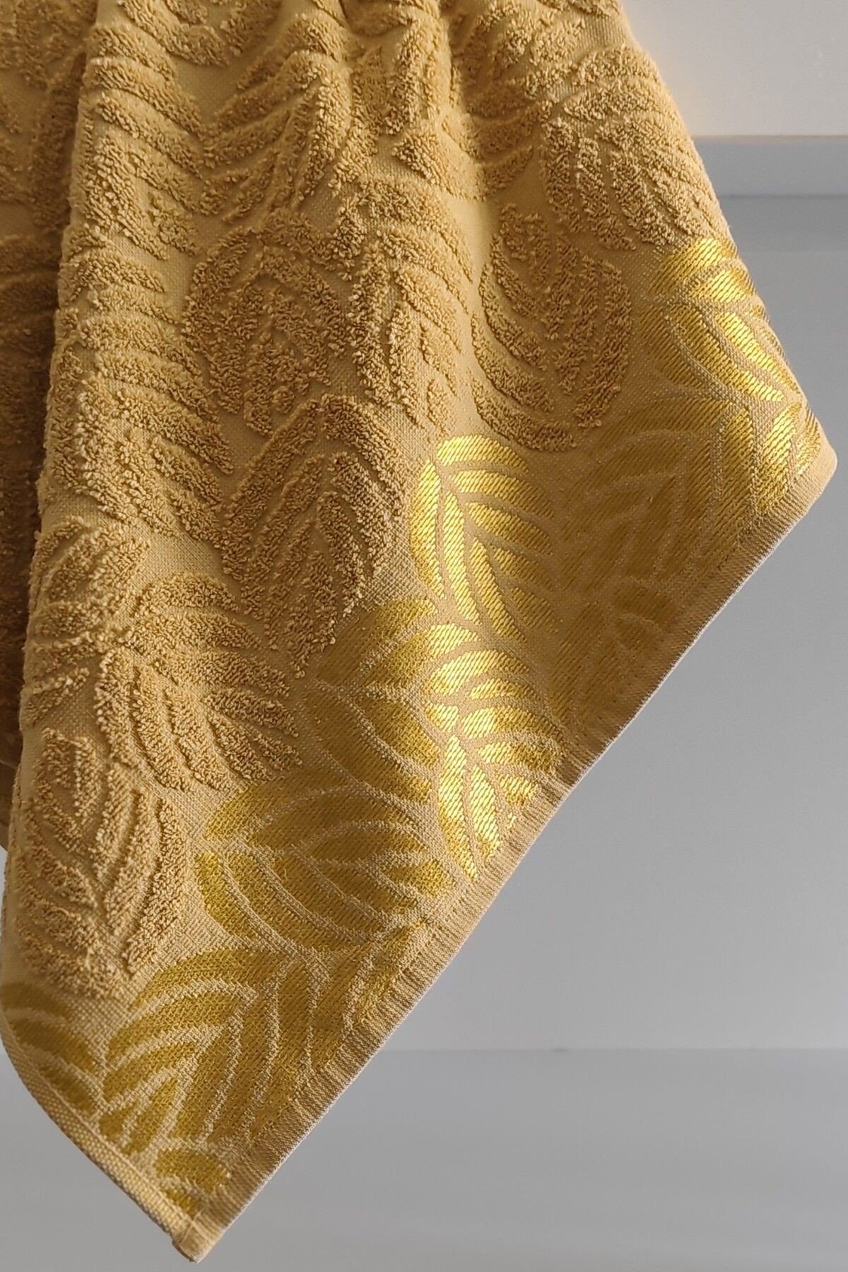 2'li Jakarlı Yaprak Desenli %100 Pamuk El Yüz Havlusu-50x90cm - hardal