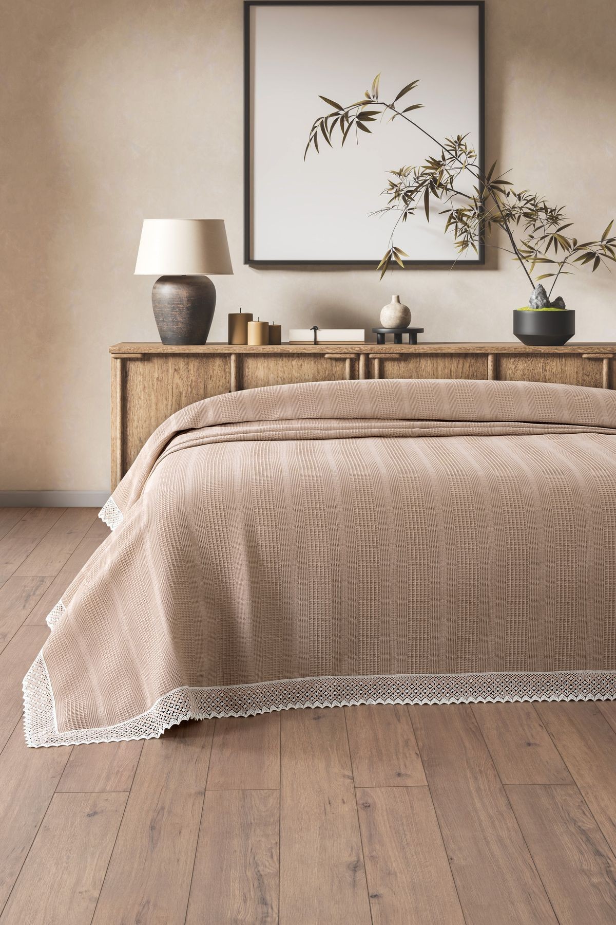 Tek Kişilik İki Renkli Kopanaki Dantelli Petek Pike - Waffle Dokuma -160x230 cm-Kapuçino