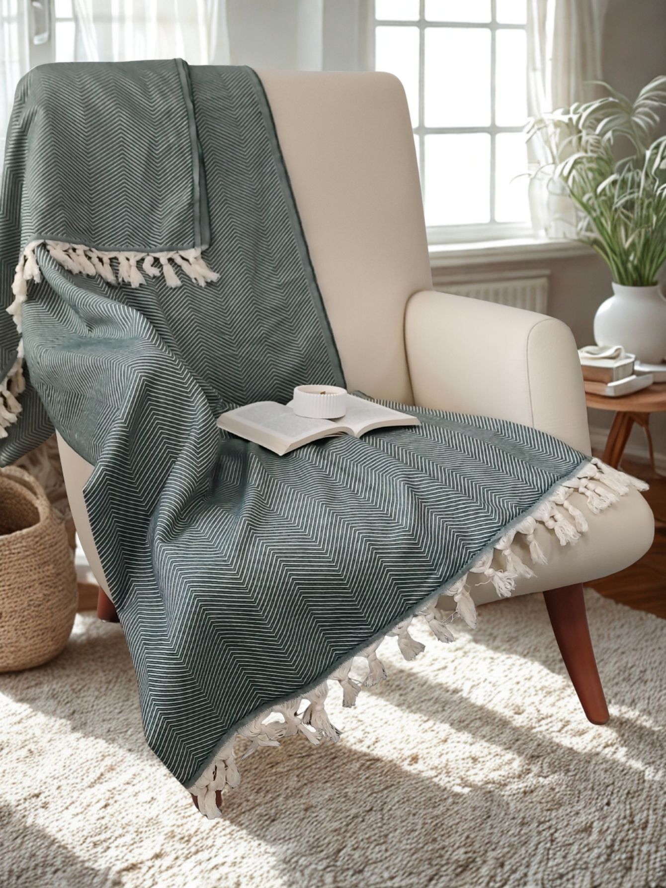 %100 Pamuk Koltuk Örtüsü - Çok Amaçlı Koltuk Şalı, Pike, Piknik Örtüsü-170x220cm - yeşil