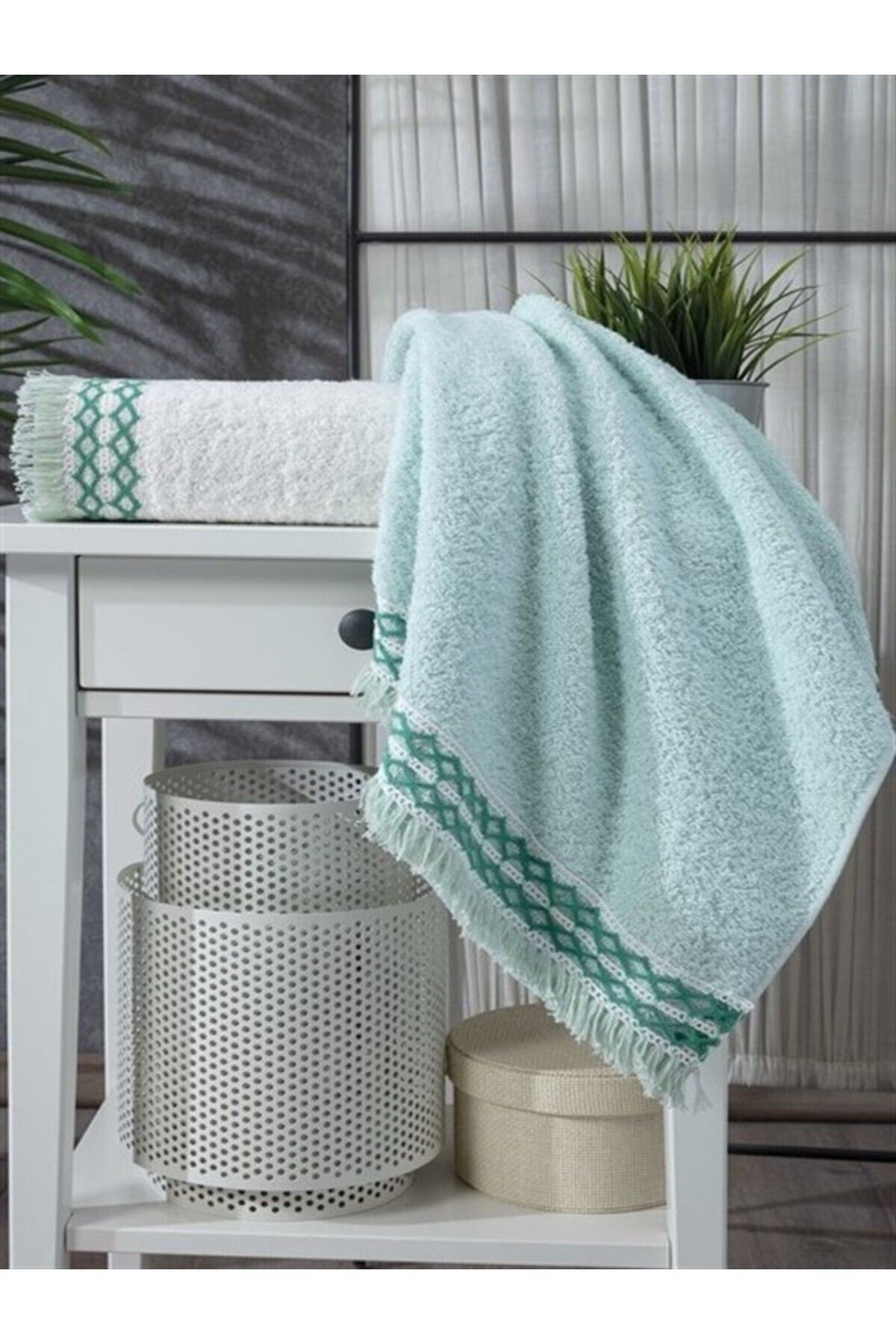 Dantelli El Yüz Havlusu - 50x85 Cm 2'li Set Somon Ekru Renklerde Püsküllü Havlu - Çeyiz