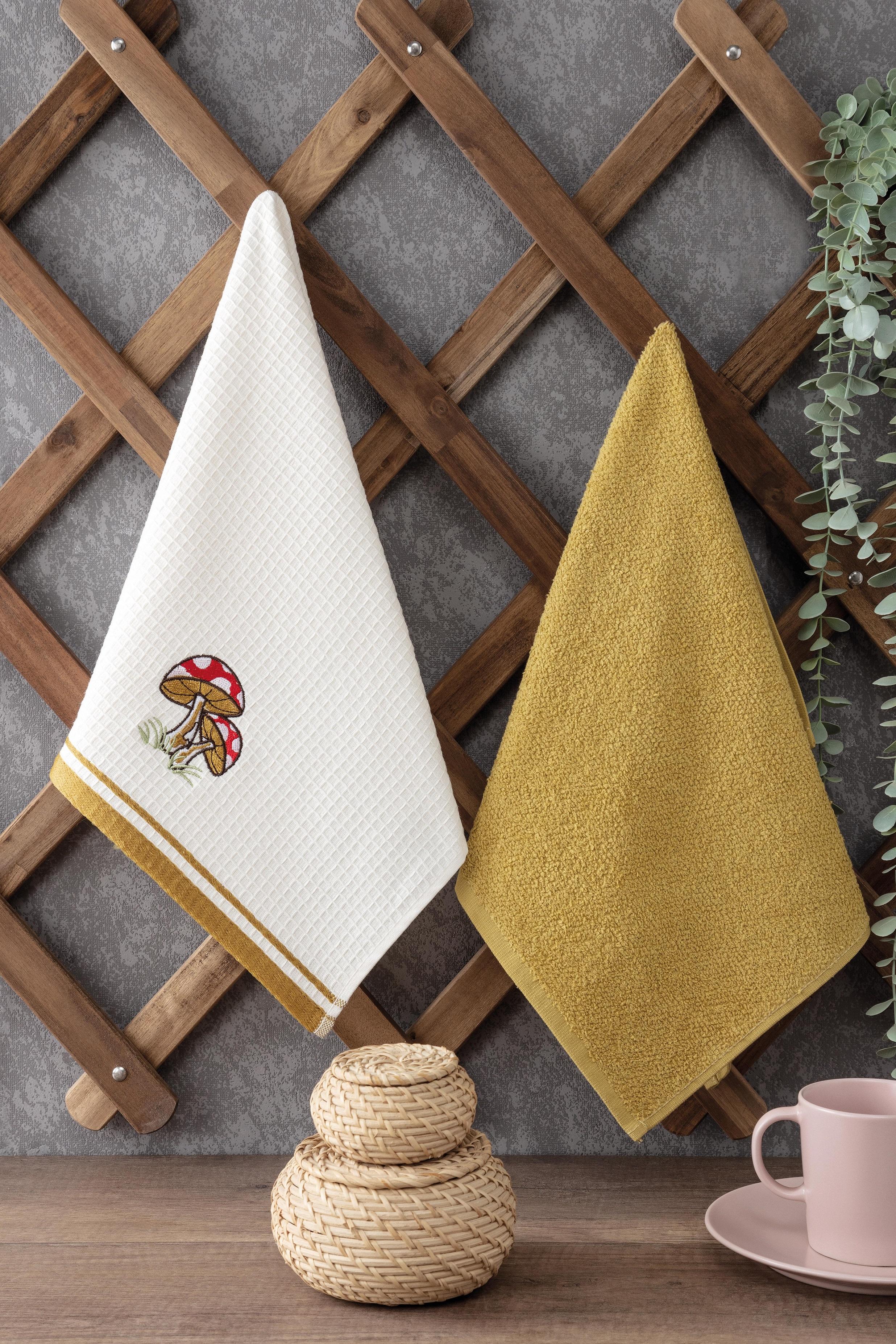 2'li Nakışlı Mutfak Havlusu Takımı-%100 Pamuk Mutfak Havluları-40x60 cm - hardal