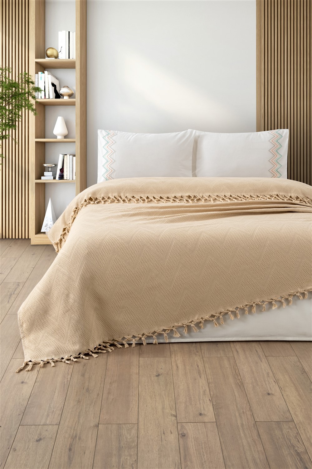 Çift Kişilik Saçaklı Waffle Pike Takımı-4 Parça & Çeyizlik Petekli Pike Seti-Delfina - cappuccino