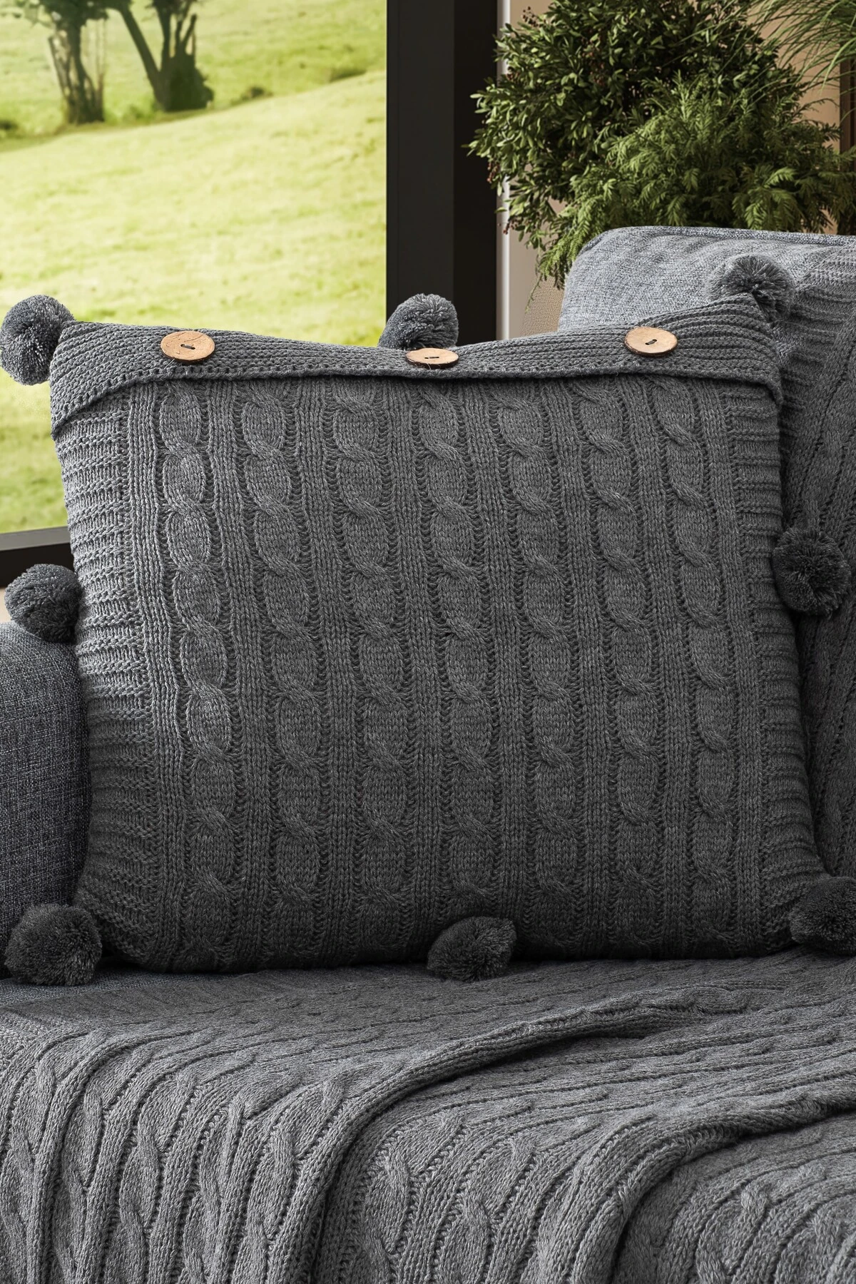 Ponponlu Triko Örme Kırlent Kılıfı - 40x40 cm Kare Yastık Kılıfı - koyu gri