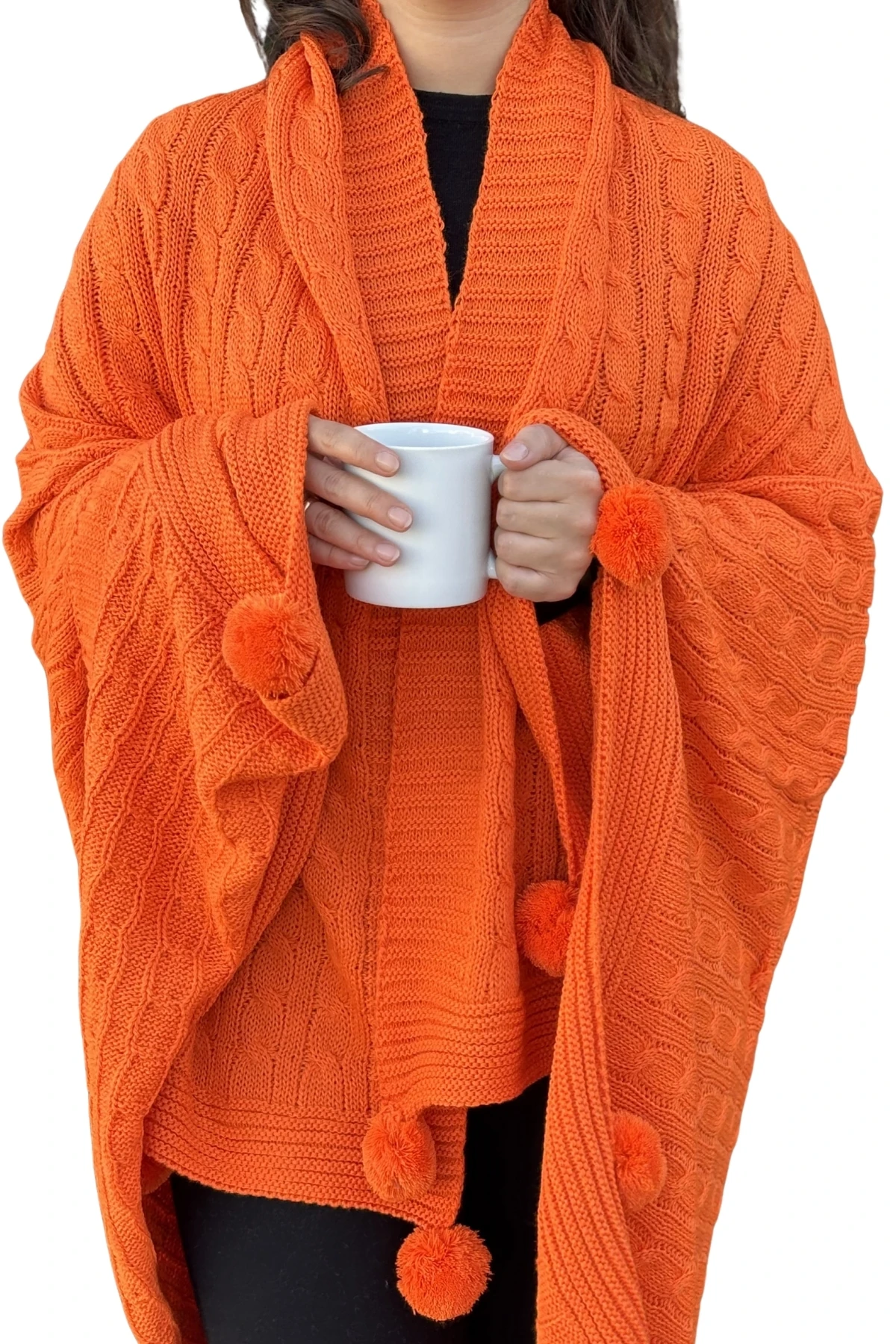 Ponponlu Triko Örme Tv Battaniyesi–Örgü Koltuk & Omuz Şalı & Diz Battaniyesi–130x170 cm-Turuncu