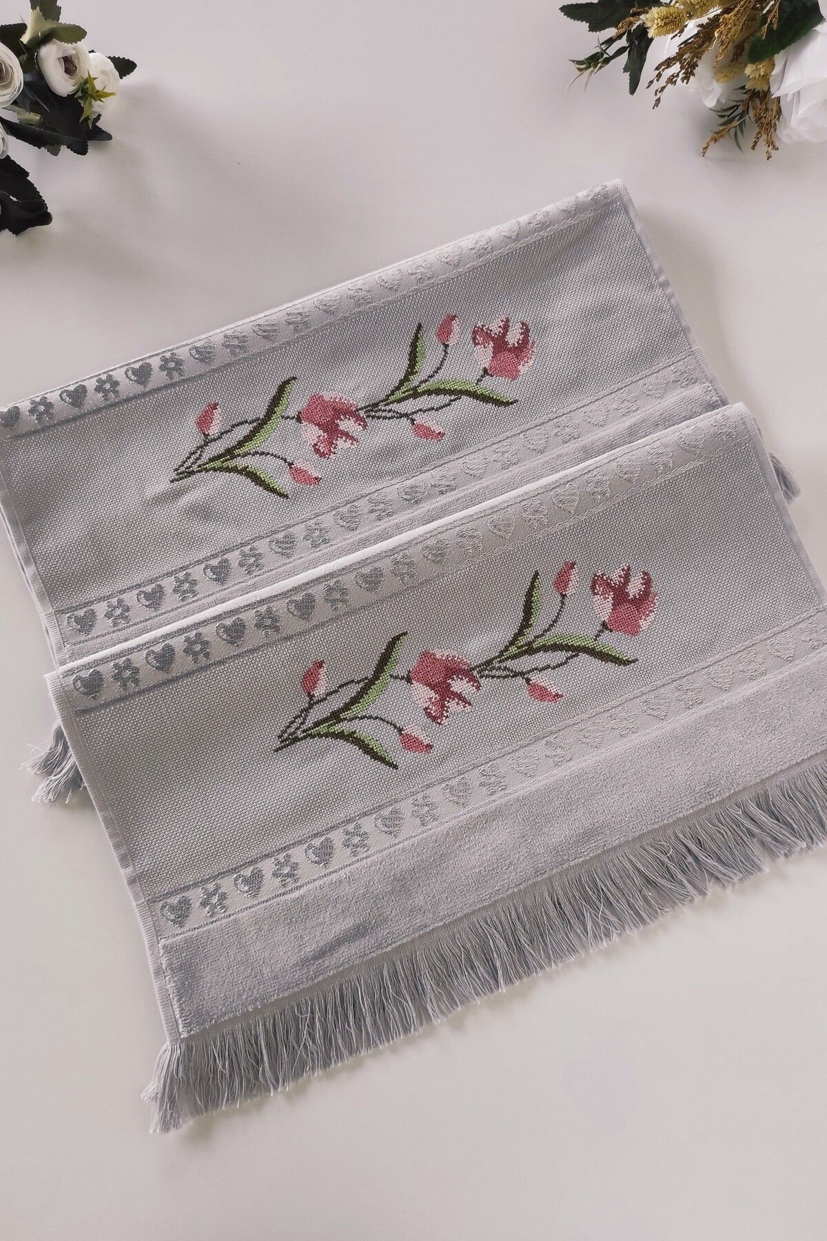 Kanaviçe Nakışlı Güllü Kadife El Yüz Havlusu Seti-2'li - 50x90 Cm - gri