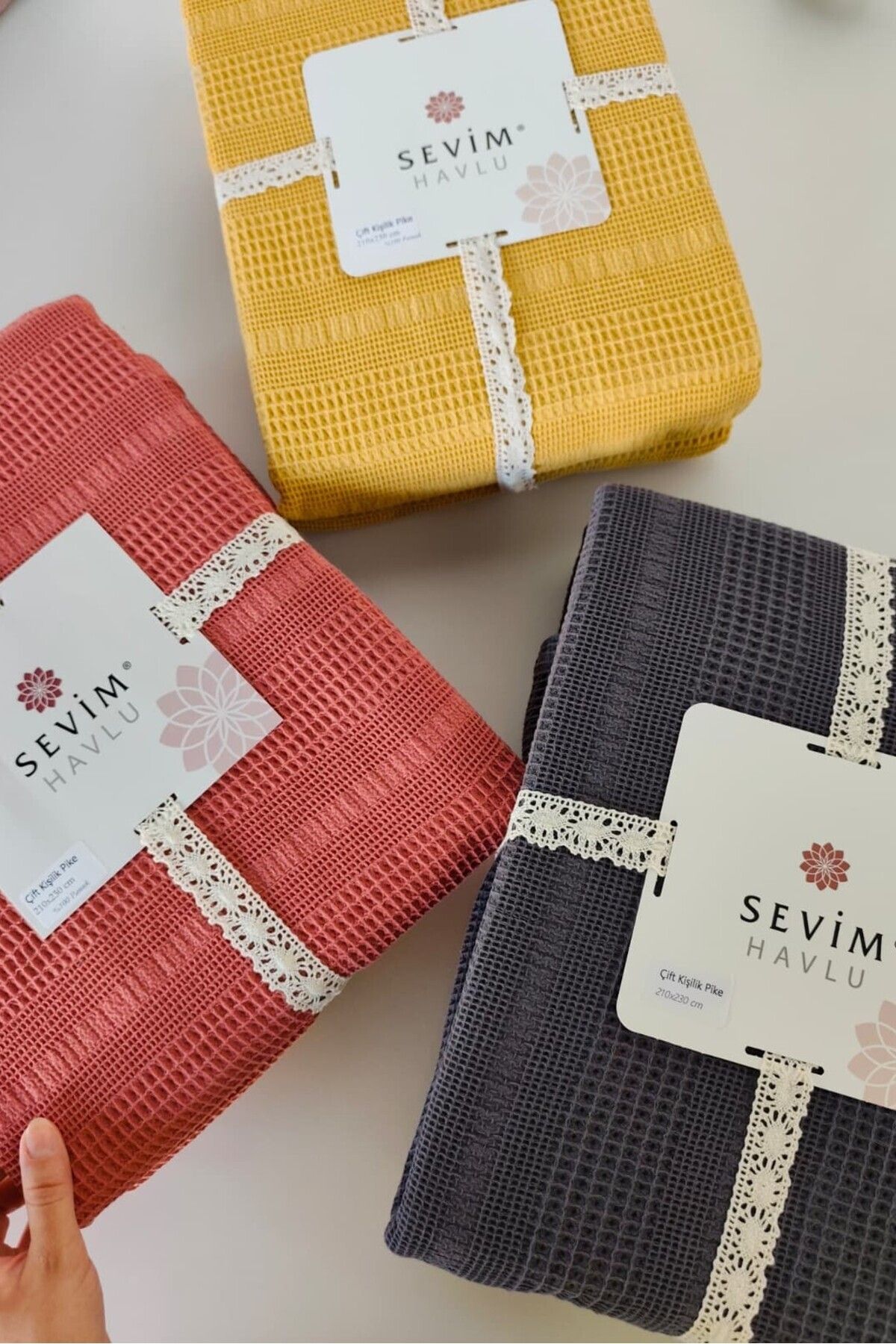 Tek Kişilik Waffle Pike 160x230cm, %100 Pamuk, Petek Tasarım, Hardal - antrasit