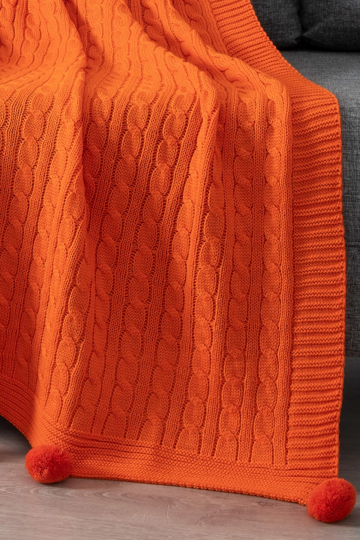 Ponponlu Triko Örme Tv Battaniyesi–Örgü Koltuk & Omuz Şalı & Diz Battaniyesi–130x170 cm-Turuncu