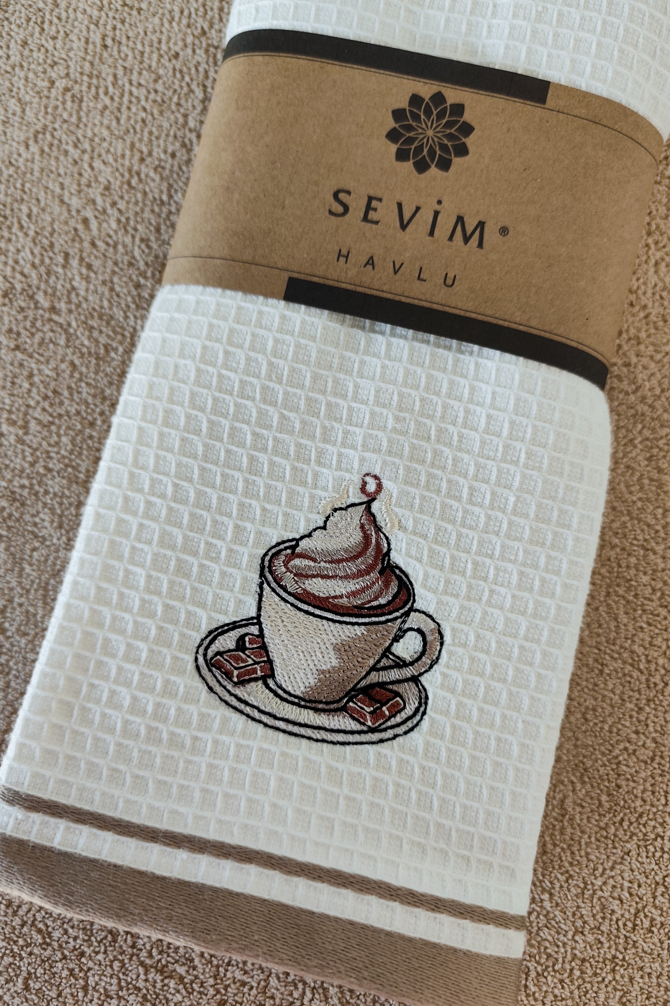 2’li Mutfak Havlusu – Gül Kurusu Renk – Donut Nakışlı - bej
