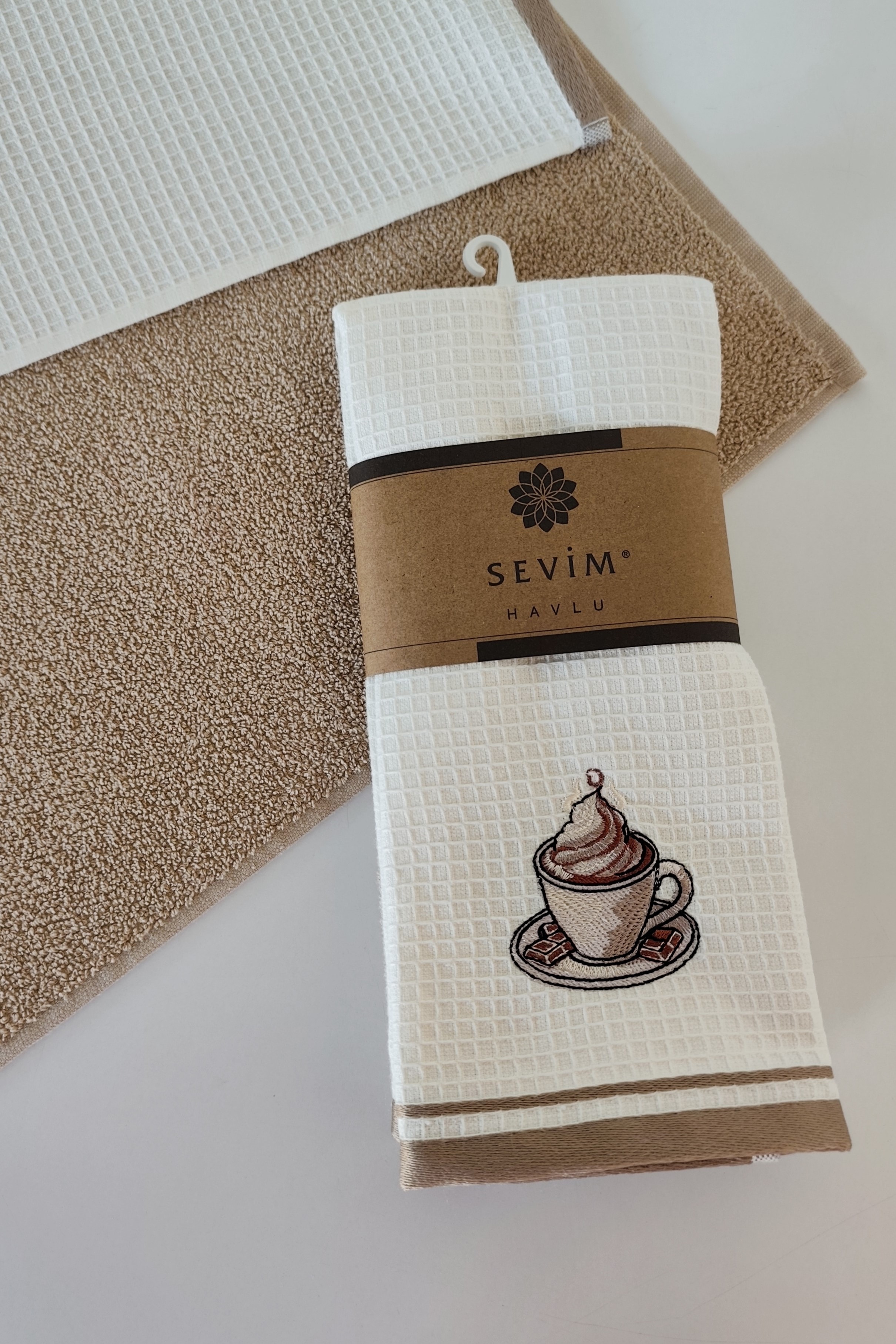 2’li Mutfak Havlusu – Gül Kurusu Renk – Donut Nakışlı - bej