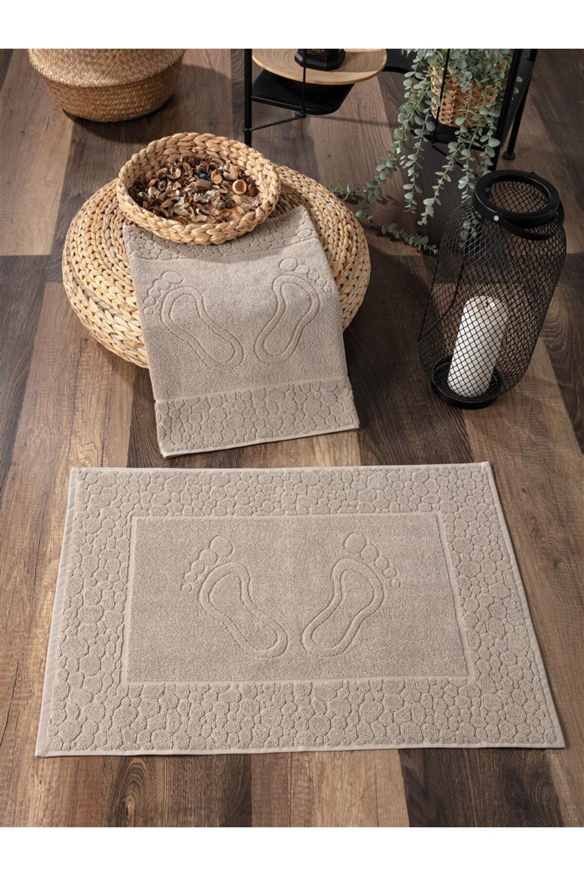 2'li Ayak İzli Ayak Havlusu Seti - %100 Pamuk & Yumuşak - Dayanıklı ve Yüksek Su Emici - 50x70 cm - bej
