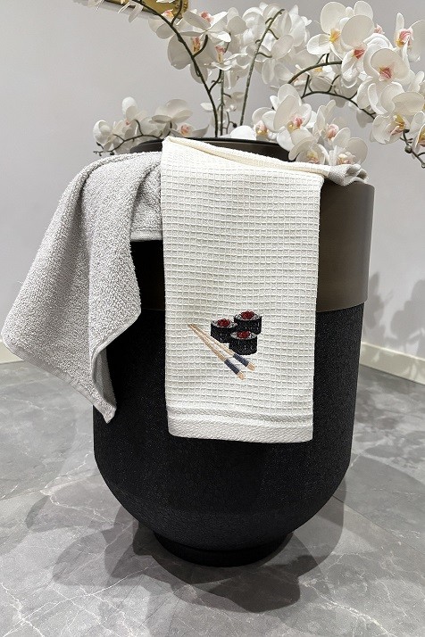 2’li Mutfak Havlusu –%100 Pamuk - Nakışlı Kurulama Bezi - 40x60 cm - açık gri