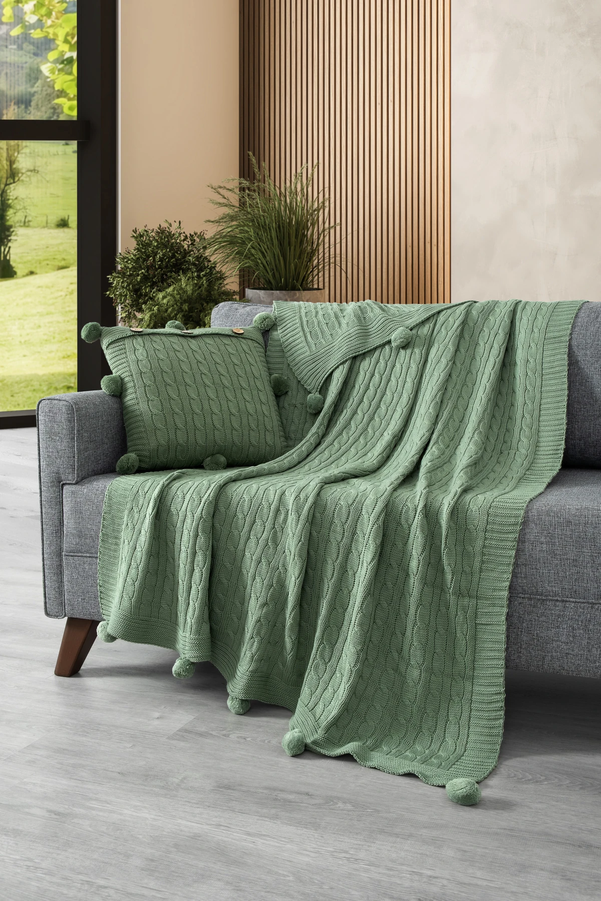 2'li Takım Ponponlu Triko Örme Kırlent Kılıfı & TV Battaniyesi- Omuz & Koltuk Şalı Seti - mint yeşili