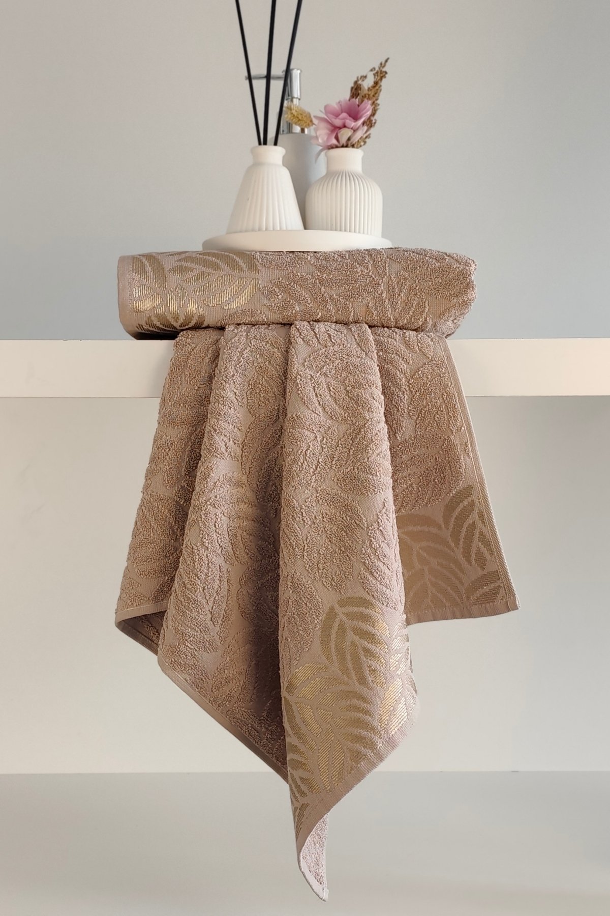 2'li Jakarlı Yaprak Desenli %100 Pamuk El Yüz Havlusu-50x90cm - cappuccino