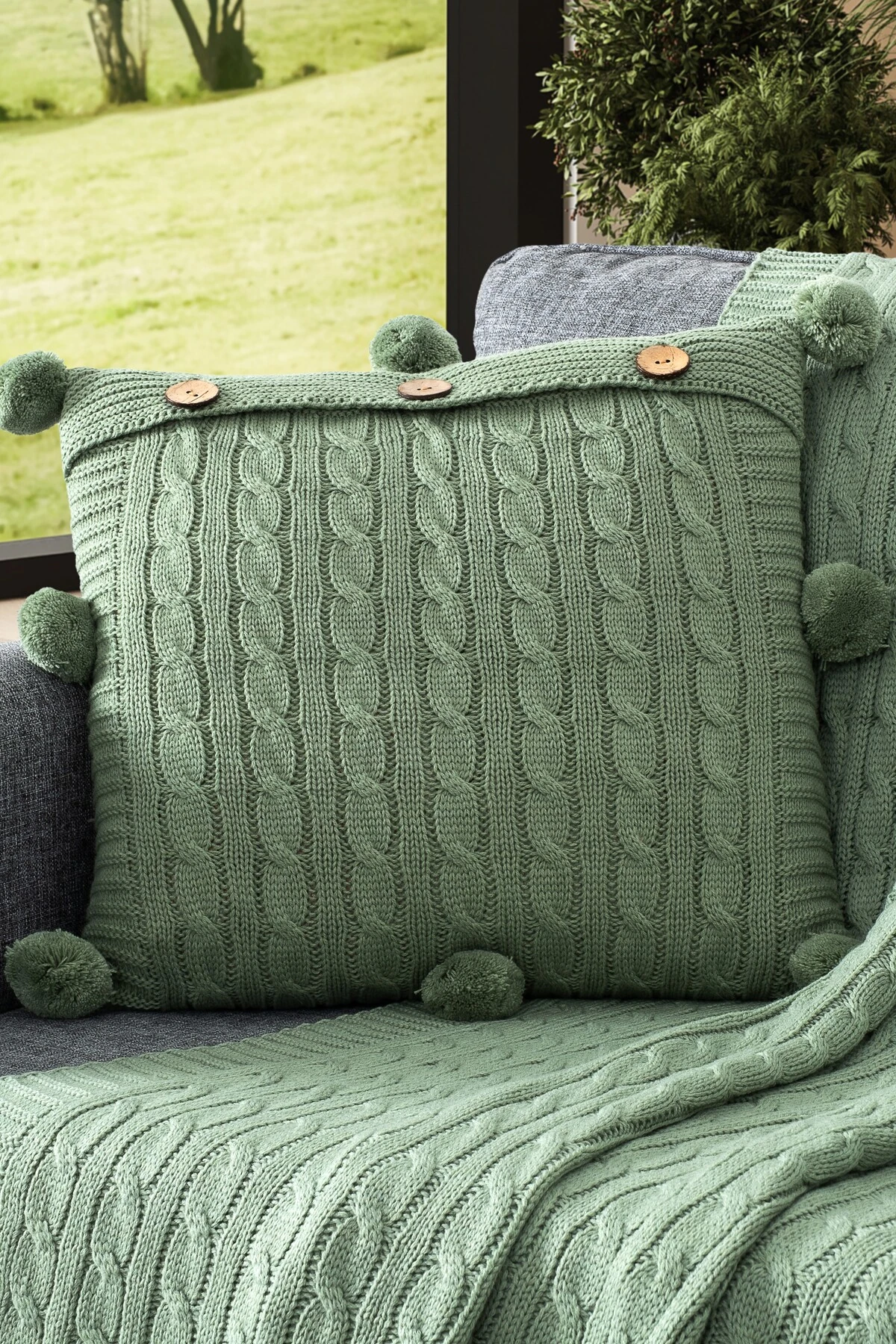 Ponponlu Triko Örme Kırlent Kılıfı - 40x40 cm Kare Yastık Kılıfı - mint yeşili